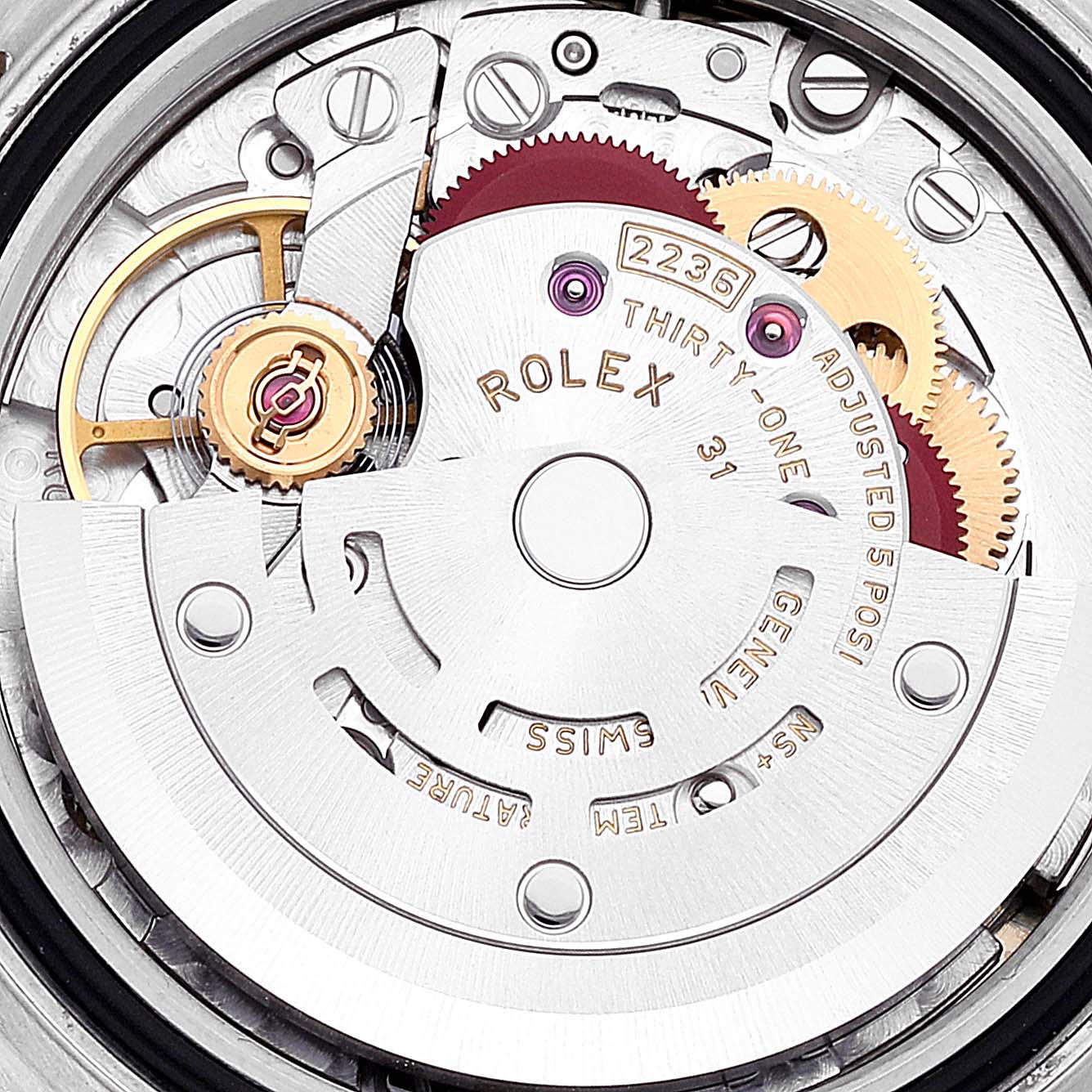 This image shows the movement of a Rolex Datejust 279383 Women's Steel and Gold (two tone) Champagne Dial 279383 Women's Steel and Gold (two tone) Champagne Dial watch, highlighting its intricate internal components.