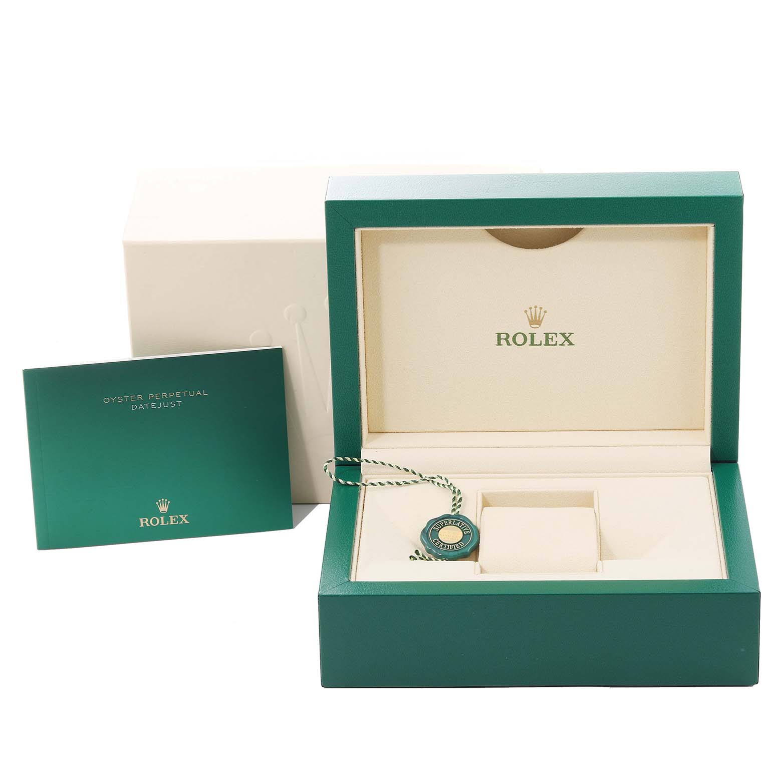 The image shows an open Rolex Datejust 279383 Women's Steel and Gold (two tone) Champagne Dial 279383 Women's Steel and Gold (two tone) Champagne Dial watch box, an instruction booklet, and a green tag, all from a front angle.