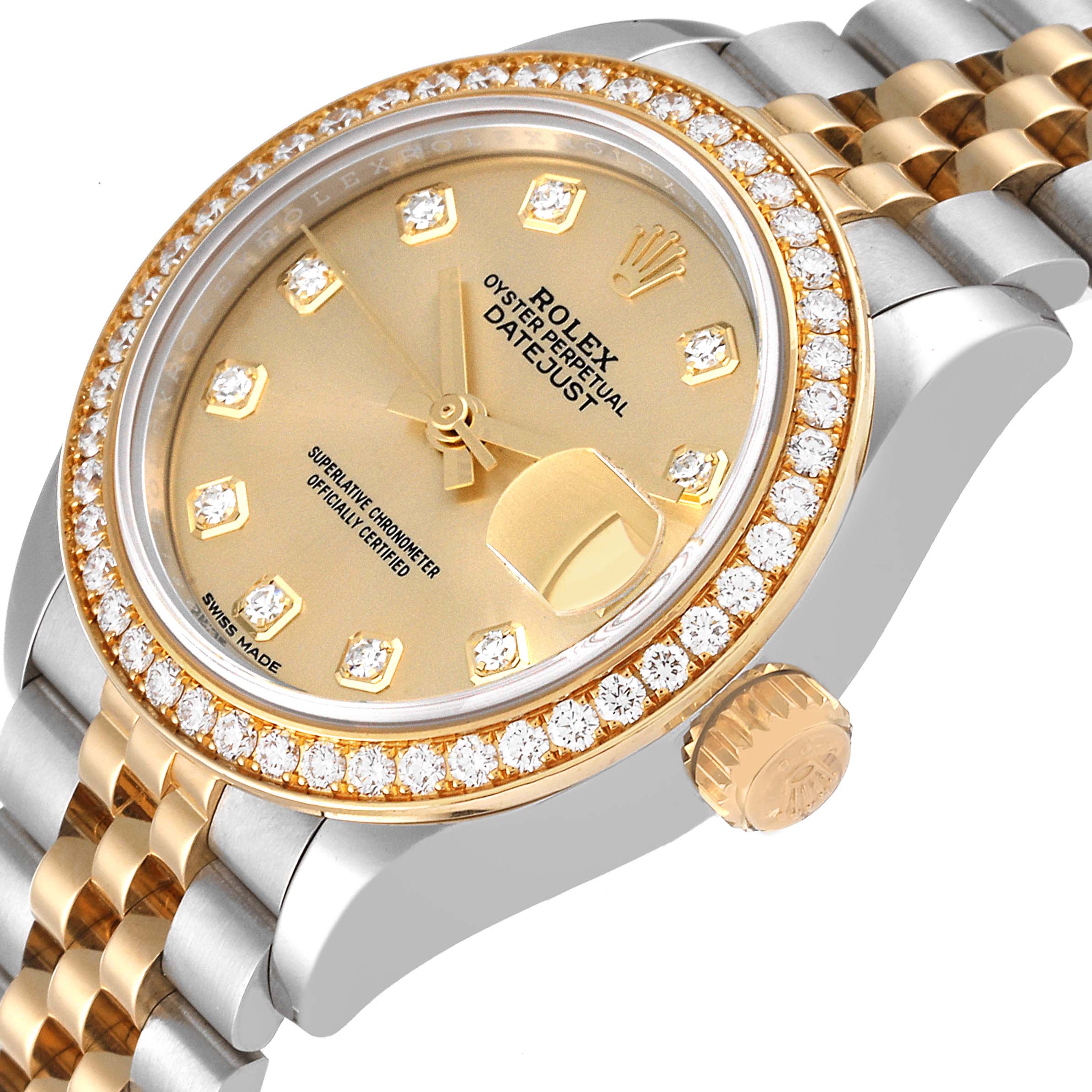 This image shows a close-up angle of the Rolex Datejust 279383 Women's Steel and Gold (two tone) Champagne Dial 279383 Women's Steel and Gold (two tone) Champagne Dial, highlighting the bezel, dial, crown, and part of the bracelet.