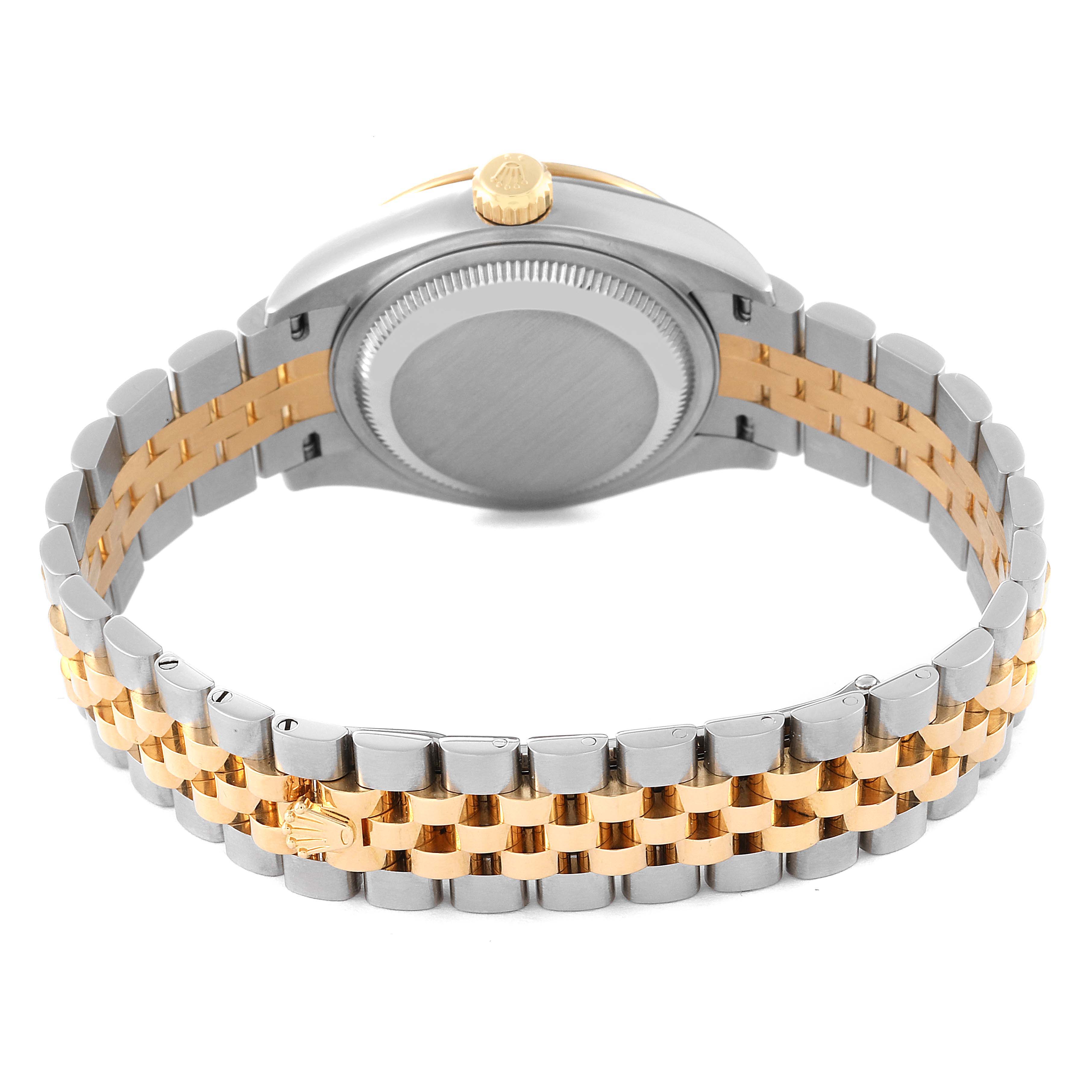 The image shows the back of the Rolex Datejust 279383 Women's Steel and Gold (two tone) Champagne Dial 279383 Women's Steel and Gold (two tone) Champagne Dial watch with a two-tone bracelet and the caseback visible. 