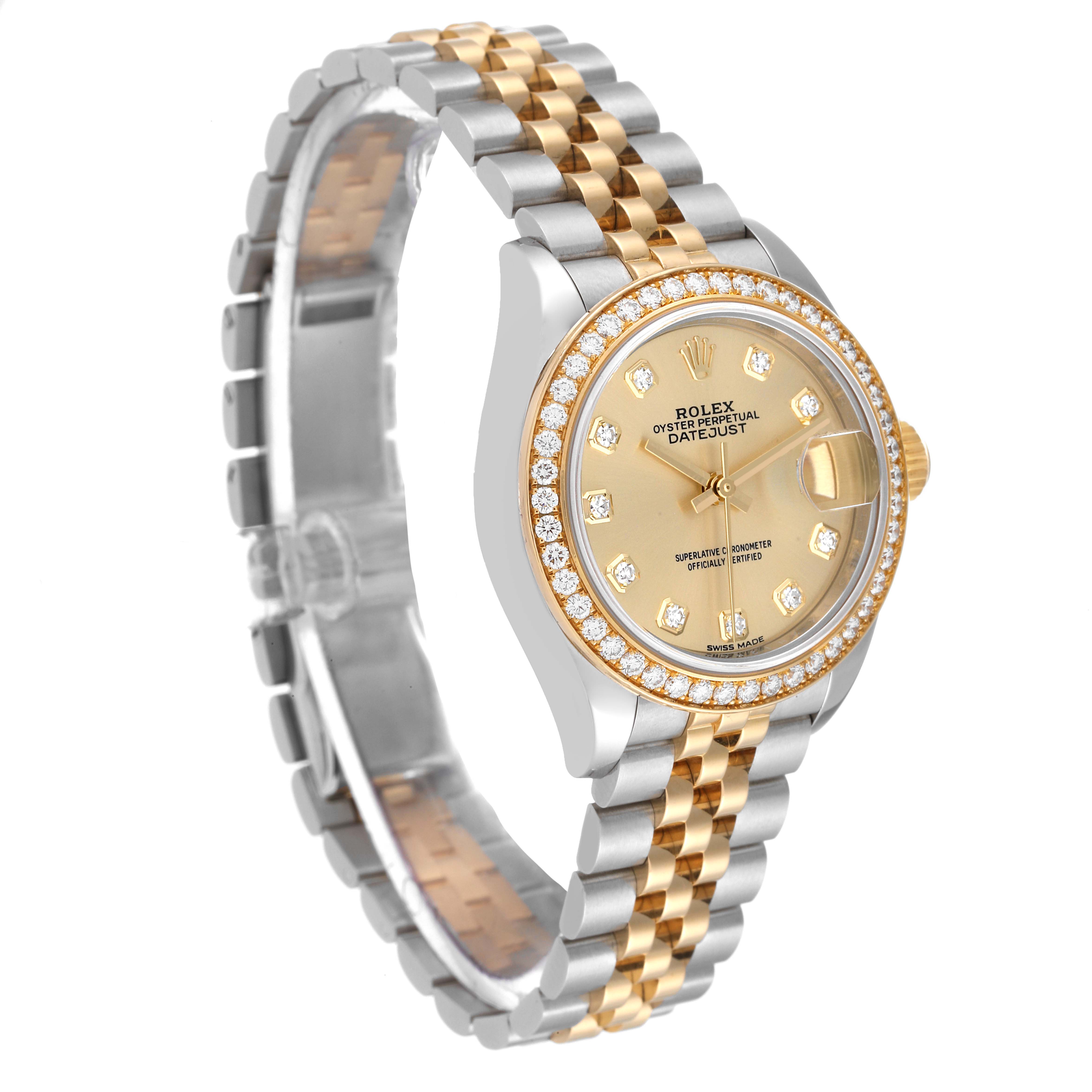 The Rolex Datejust 279383 Women's Steel and Gold (two tone) Champagne Dial 279383 Women's Steel and Gold (two tone) Champagne Dial watch is shown at an angle displaying the face, bezel, and two-tone bracelet.