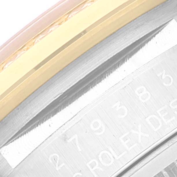 This close-up image shows part of the bezel and rehaut of a Rolex Datejust 279383 Women's Steel and Gold (two tone) Champagne Dial 279383 Women's Steel and Gold (two tone) Champagne Dial watch.