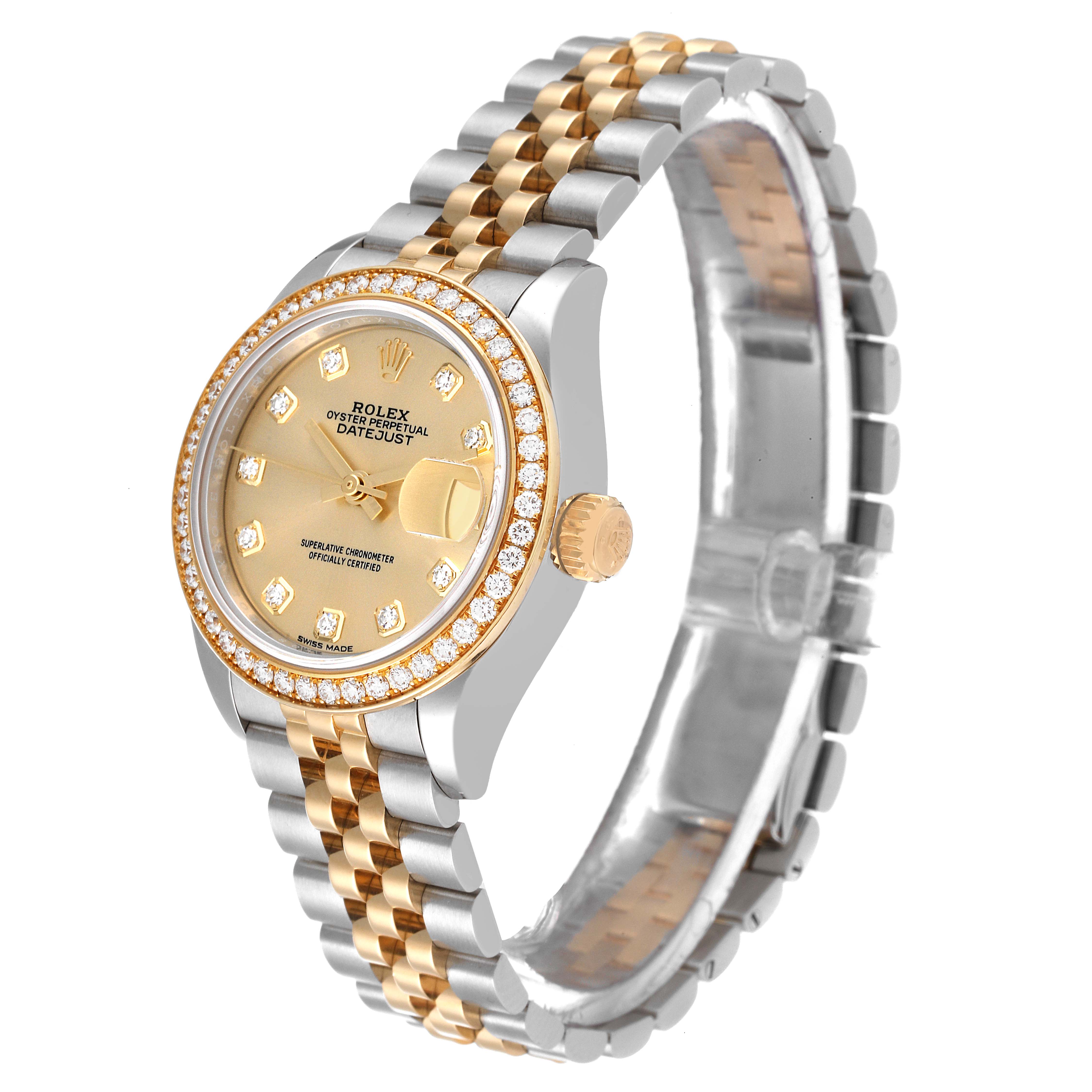 The Rolex Datejust 279383 Women's Steel and Gold (two tone) Champagne Dial 279383 Women's Steel and Gold (two tone) Champagne Dial watch is shown from an angled side view, displaying the face, bezel, crown, and bracelet.