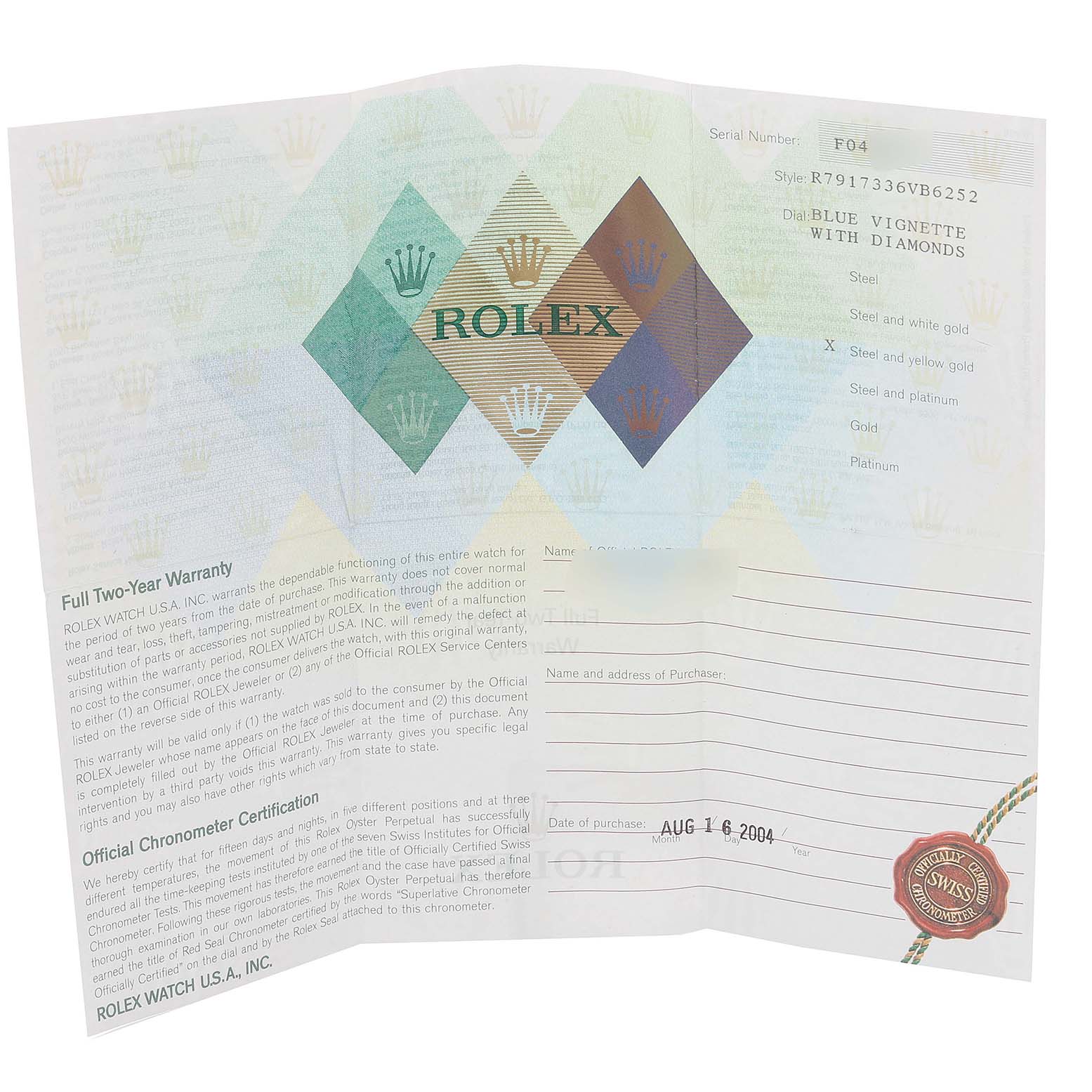 The image shows the warranty and certification papers for a Rolex Datejust 79173 Women's Steel and Gold (two tone) Blue Dial 79173 Women's Steel and Gold (two tone) Blue Dial watch, including details about the model and purchase date.
