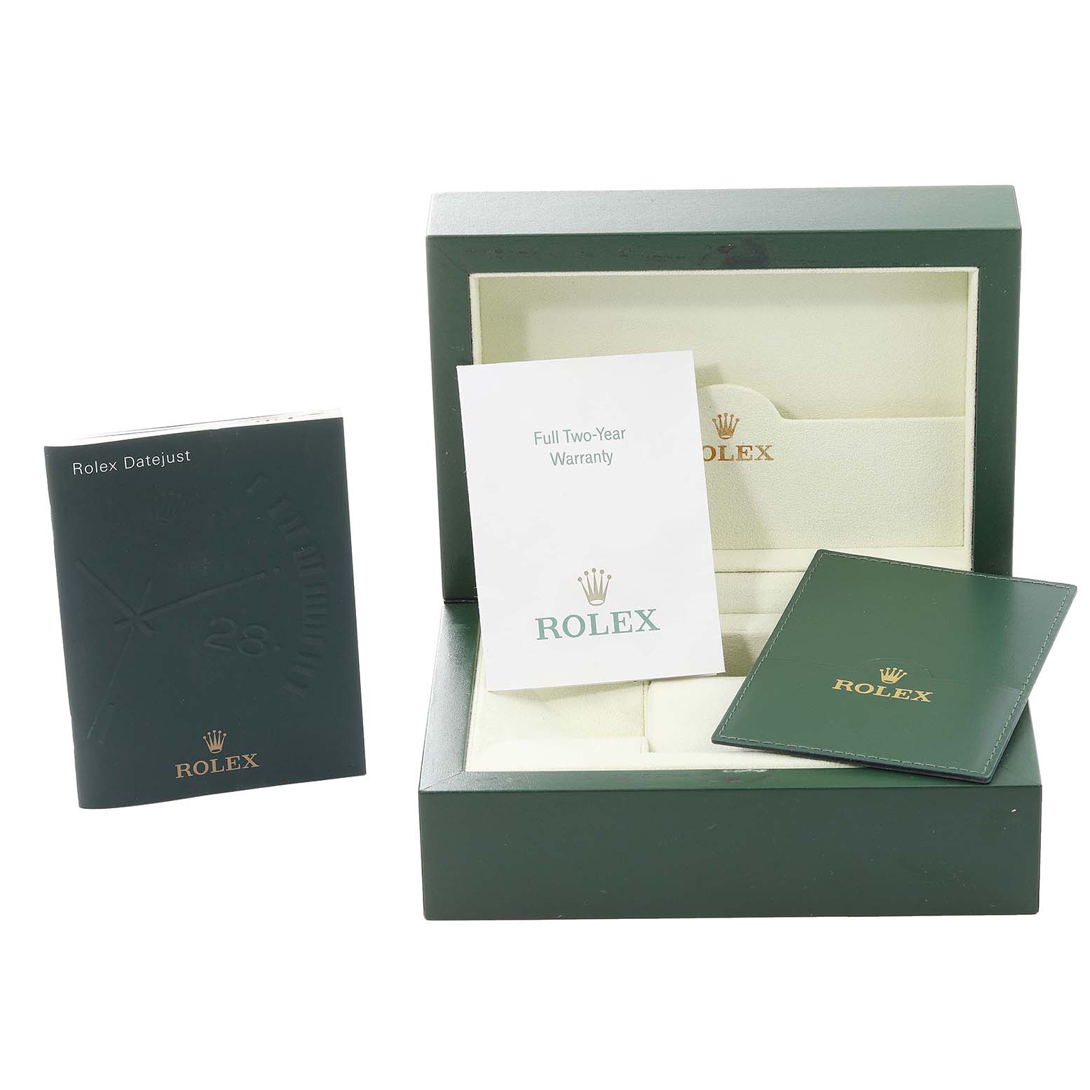 This image shows a Rolex Datejust 79173 Women's Steel and Gold (two tone) Blue Dial 79173 Women's Steel and Gold (two tone) Blue Dial watch box, warranty card, and manual.