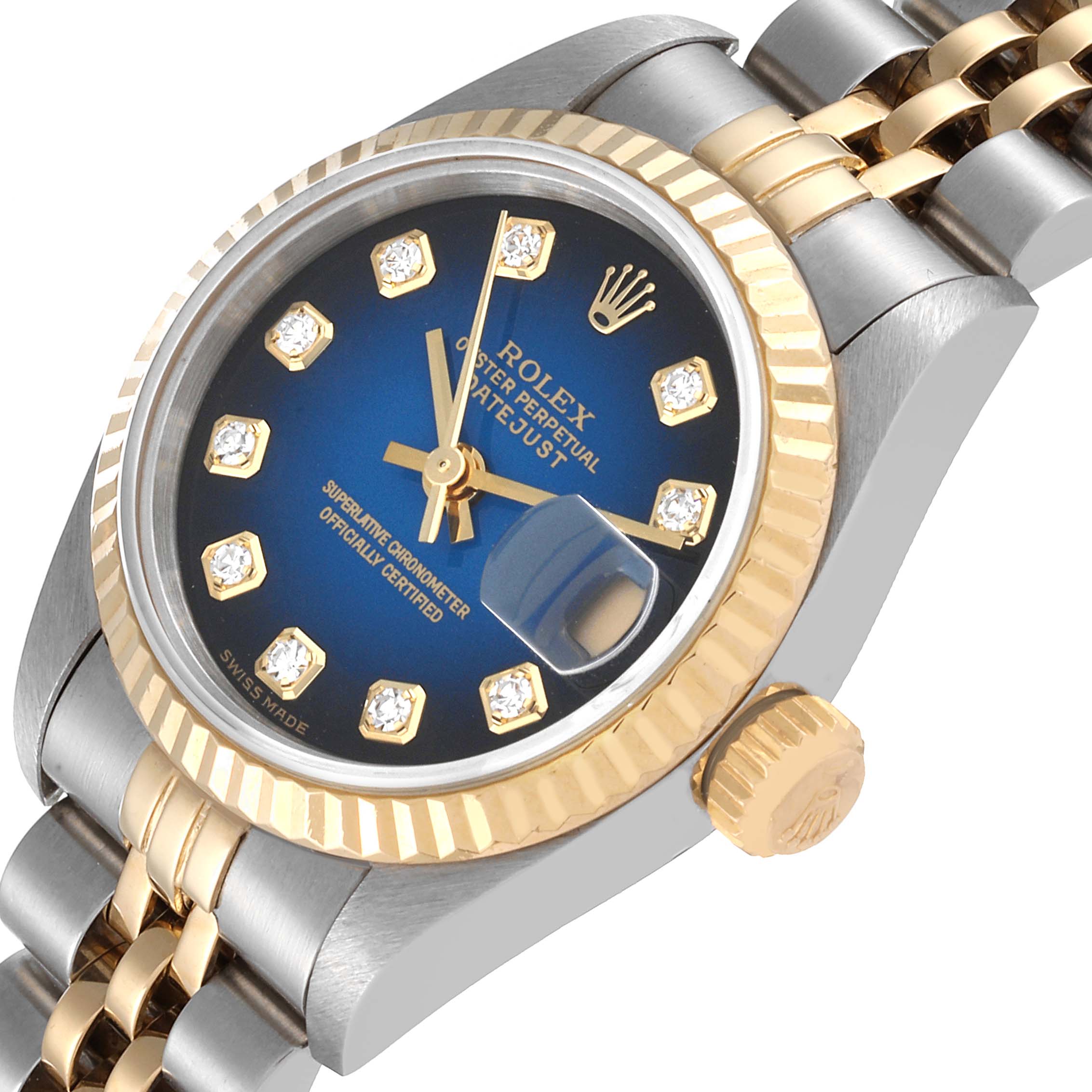 The image shows a close-up of the Rolex Datejust 79173 Women's Steel and Gold (two tone) Blue Dial 79173 Women's Steel and Gold (two tone) Blue Dial watch's face, crown, bezel, and part of the bracelet at an angled view.