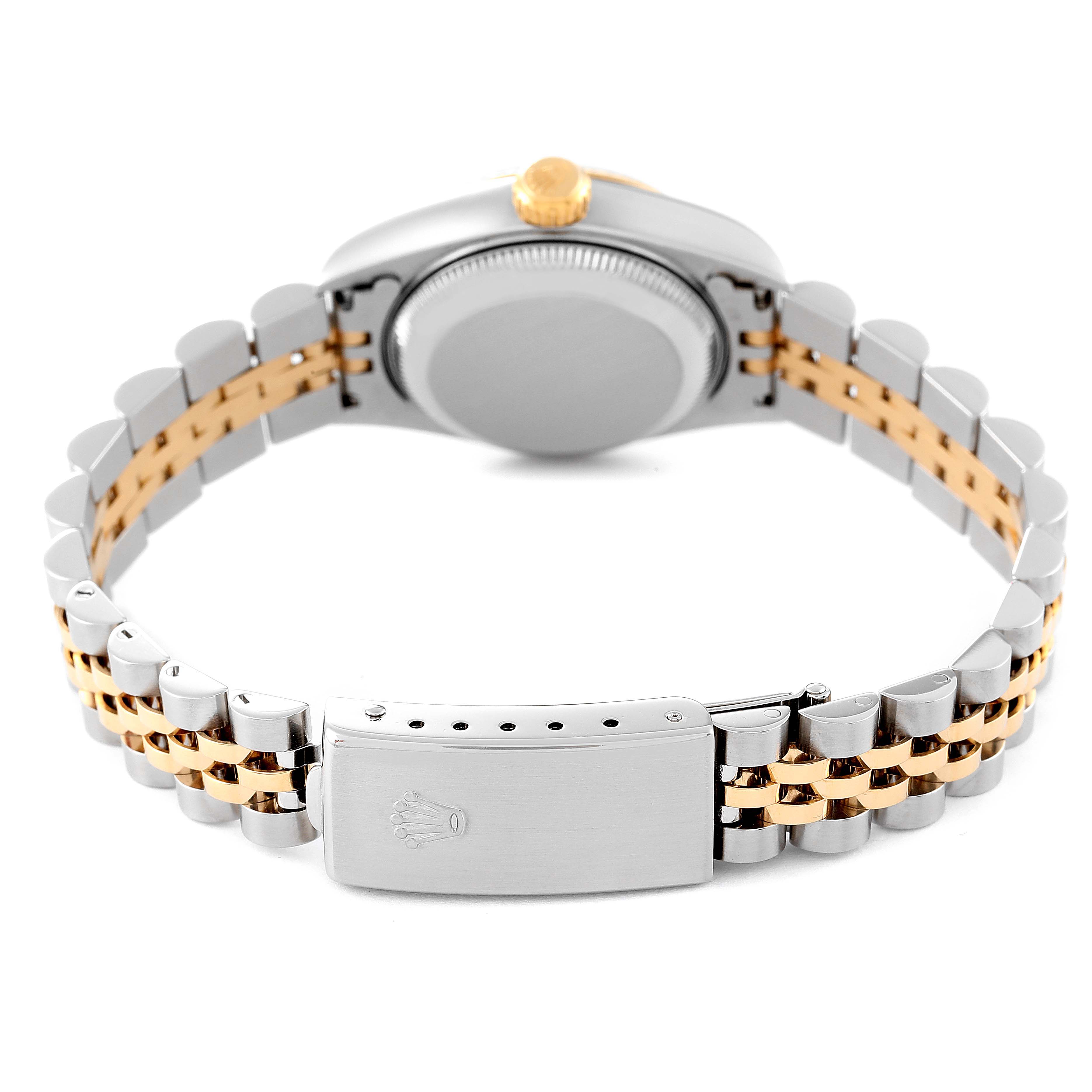 The image shows the back view of a Rolex Datejust 79173 Women's Steel and Gold (two tone) Blue Dial 79173 Women's Steel and Gold (two tone) Blue Dial watch focusing on the two-tone bracelet and clasp.