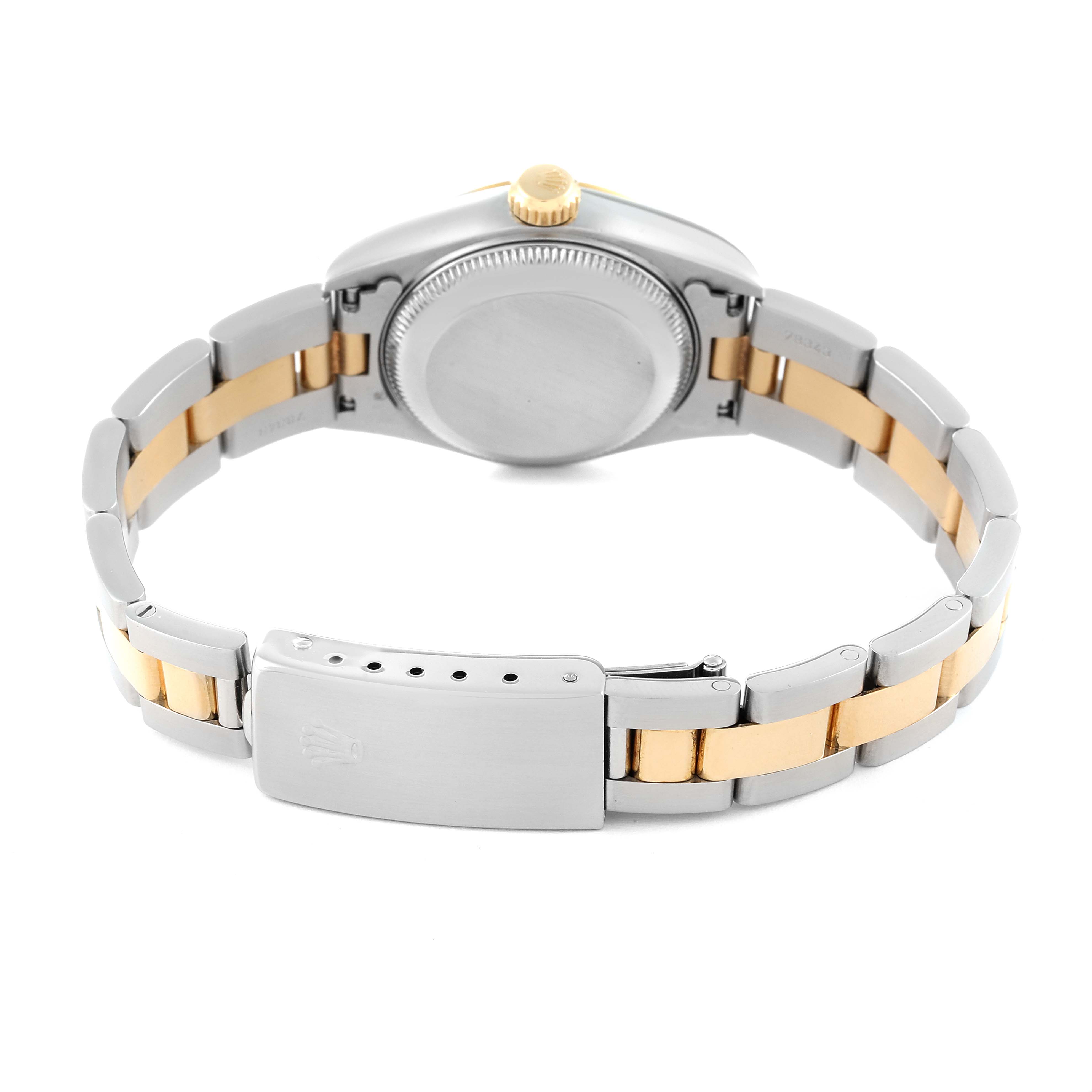 The image shows a Rolex Datejust 69163 Women's Steel and Gold (two tone) White Dial 69163 Women's Steel and Gold (two tone) White Dial watch from the back, highlighting the bracelet and clasp.
