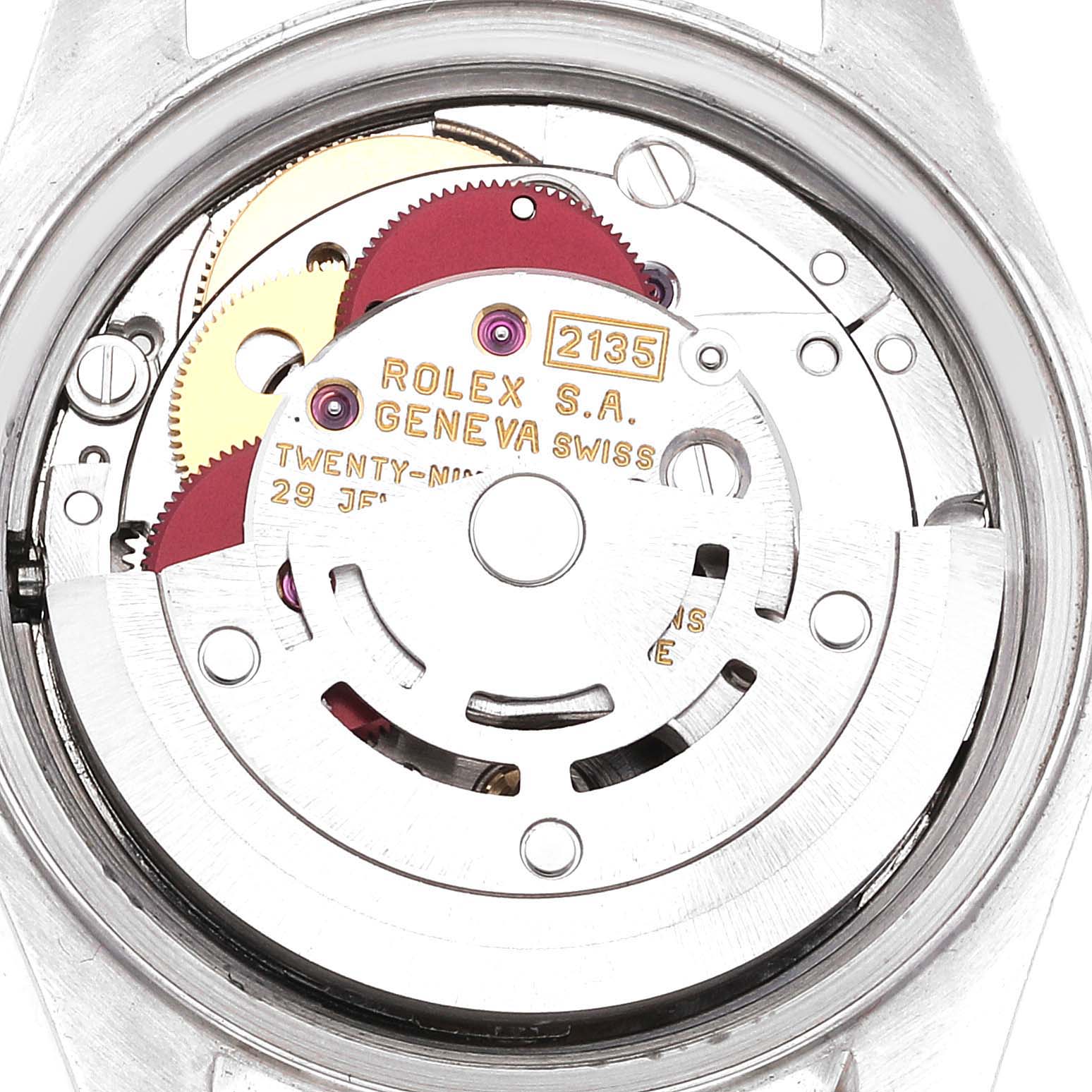 This image shows the internal mechanism of a Rolex Datejust 69163 Women's Steel and Gold (two tone) White Dial 69163 Women's Steel and Gold (two tone) White Dial, taken from a rear angle without the case back.