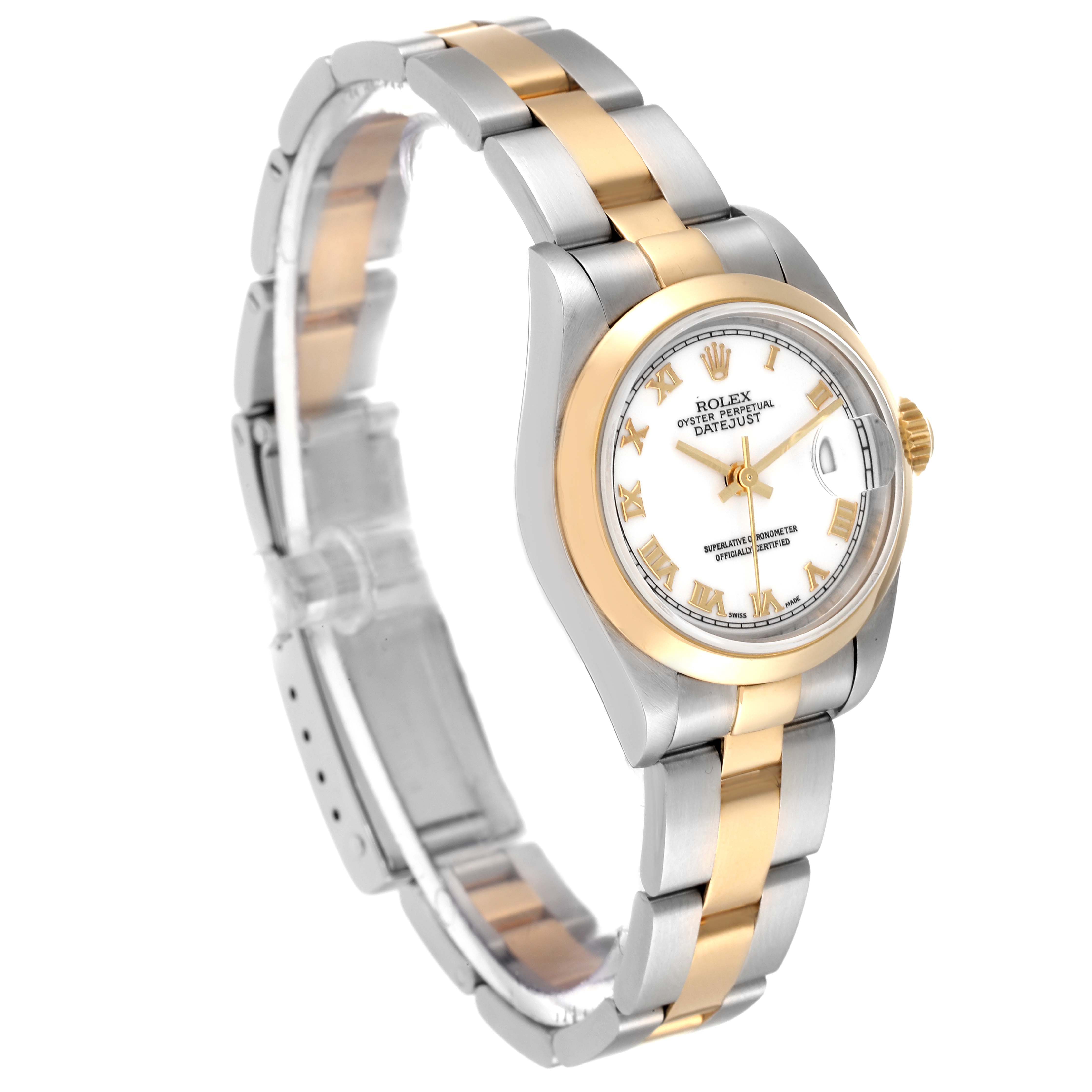 The Rolex Datejust 69163 Women's Steel and Gold (two tone) White Dial 69163 Women's Steel and Gold (two tone) White Dial watch is shown at a slight angle, featuring its dial, bezel, and two-tone bracelet.