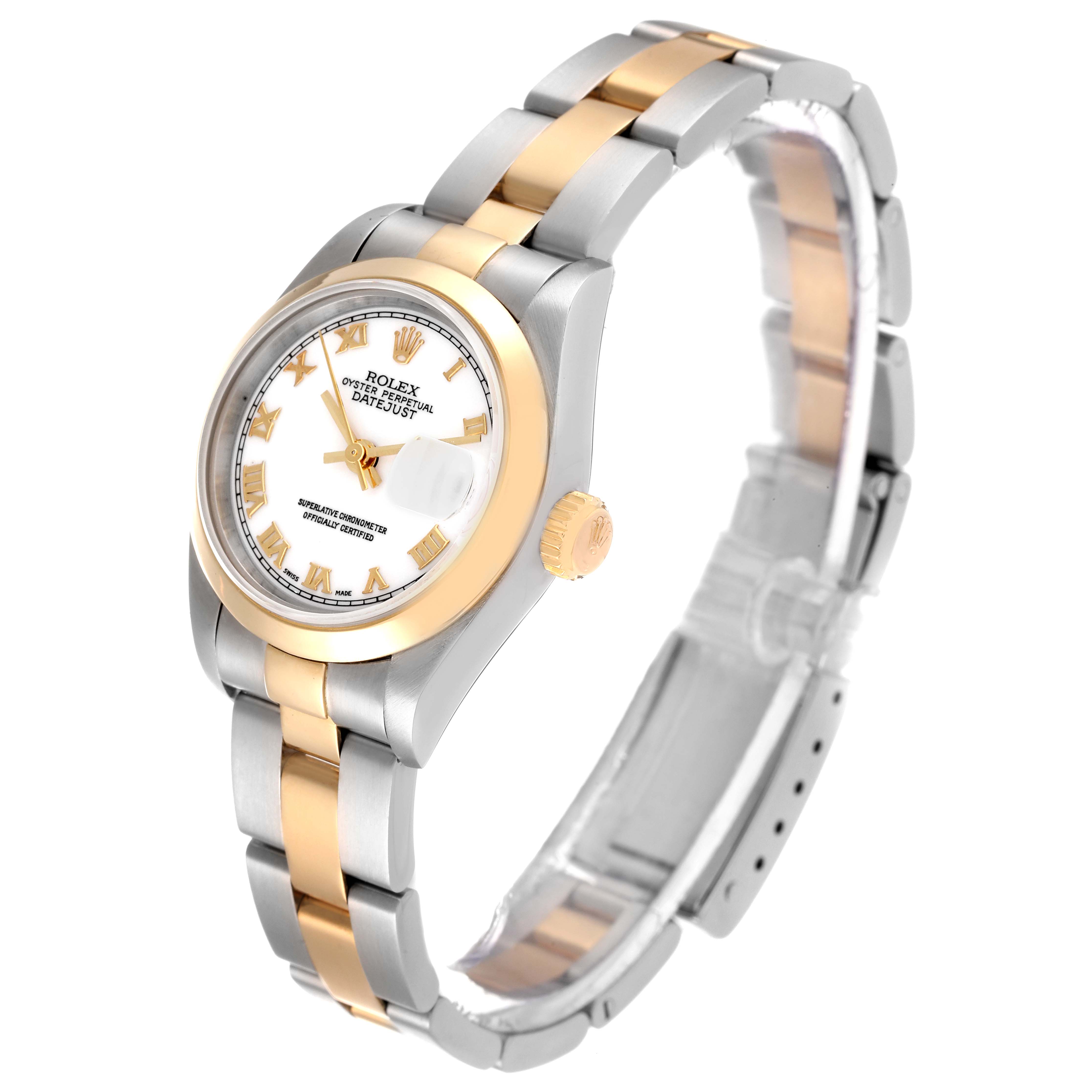 The image shows a Rolex Datejust 69163 Women's Steel and Gold (two tone) White Dial 69163 Women's Steel and Gold (two tone) White Dial watch from an angled side view, highlighting the dial, bezel, crown, and two-tone bracelet.