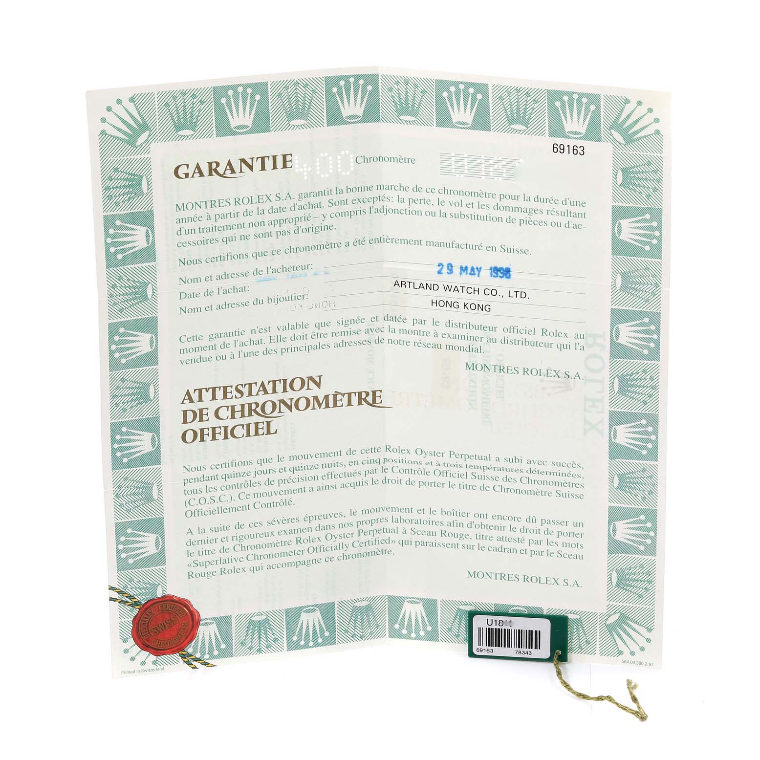 The image shows the official chronometer certificate and warranty paper for the Rolex Datejust 69163 Women's Steel and Gold (two tone) White Dial 69163 Women's Steel and Gold (two tone) White Dial.