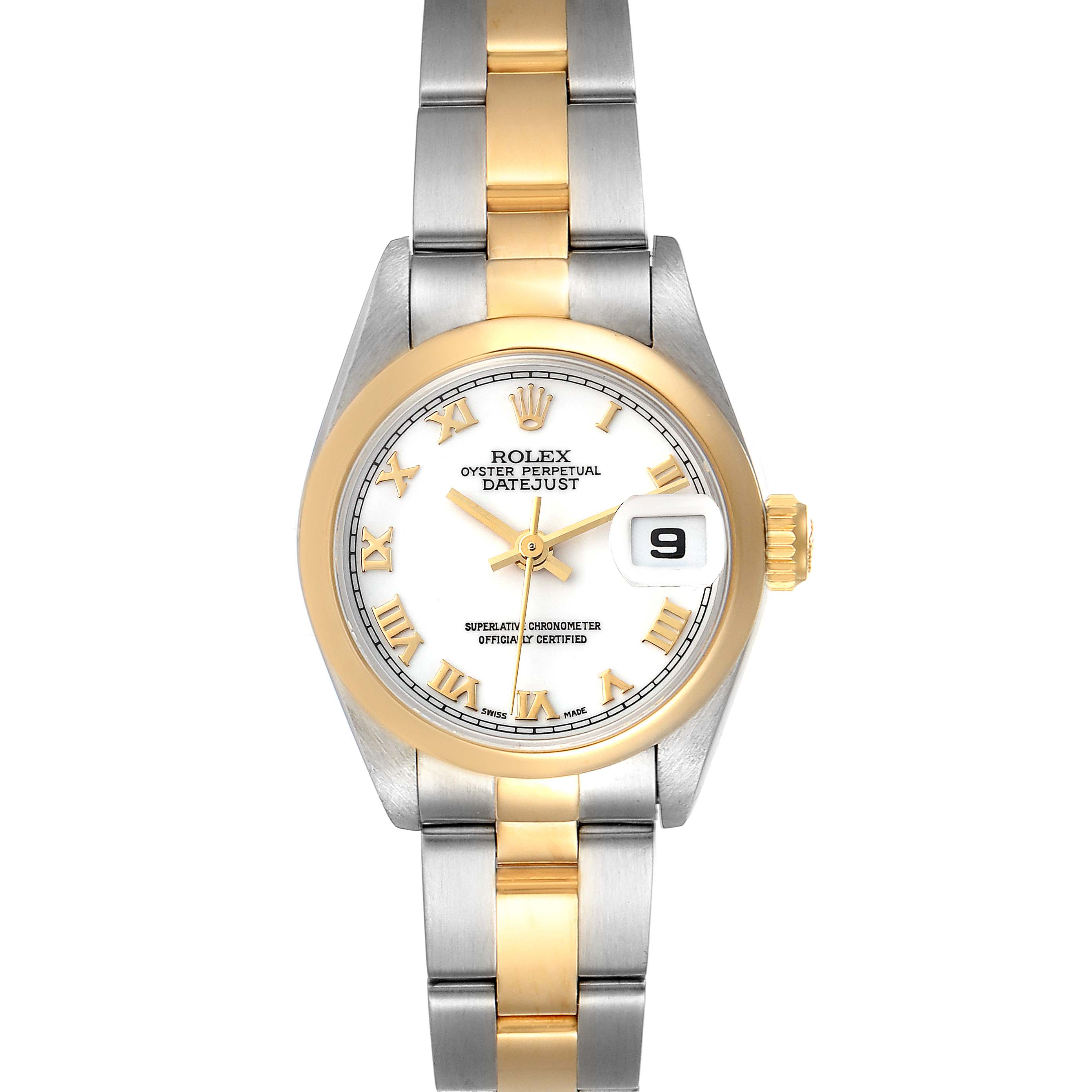 The image shows a front view of a Rolex Datejust 69163 Women's Steel and Gold (two tone) White Dial 69163 Women's Steel and Gold (two tone) White Dial watch, highlighting the dial, bezel, and bi-metal bracelet.