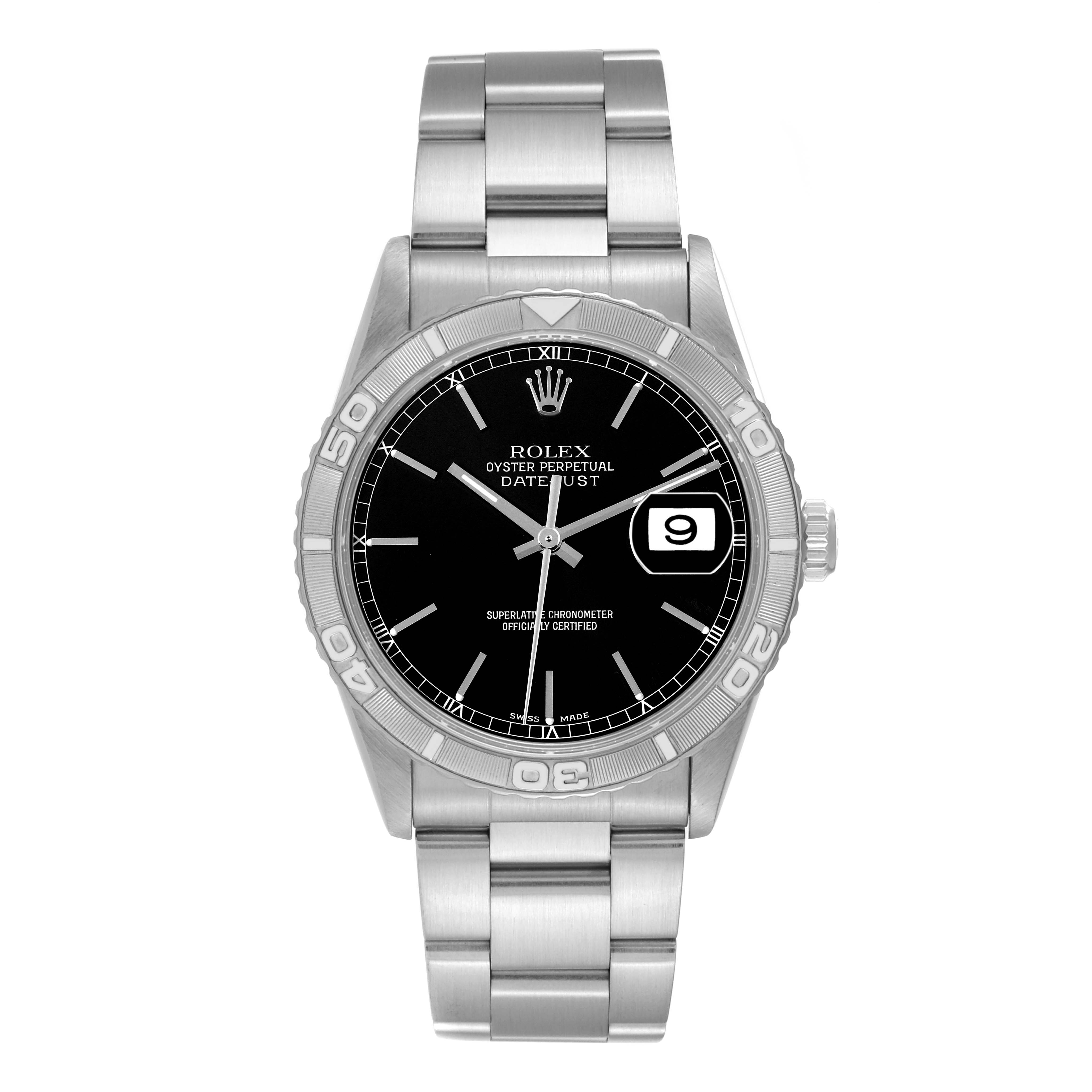 This image shows a front view of the Rolex Turn-o-Graph 16264 Men's Stainless Steel Black Dial 16264 Men's Stainless Steel Black Dial watch, featuring its face, bezel, and band.