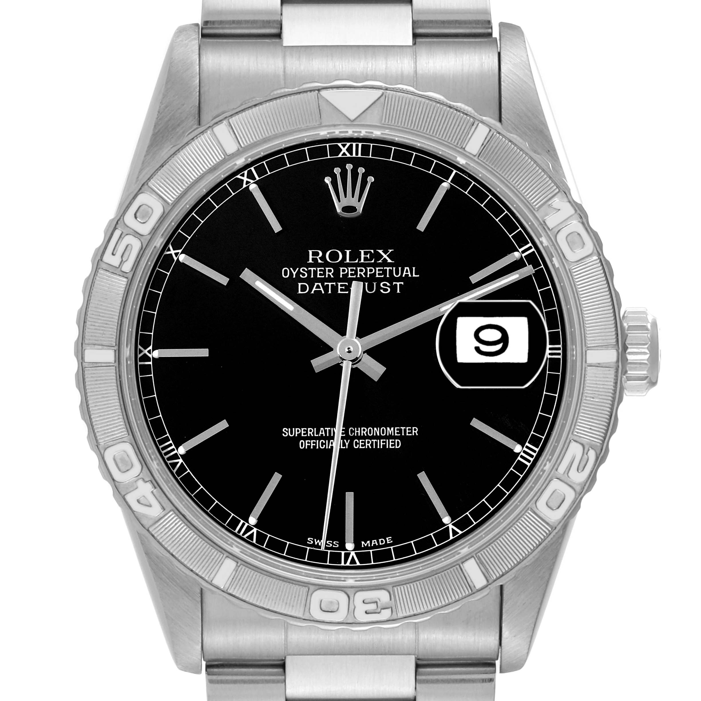 The image shows a front view of the Rolex Turn-o-Graph 16264 Men's Stainless Steel Black Dial 16264 Men's Stainless Steel Black Dial model, displaying the bezel, dial, date window, and crown.