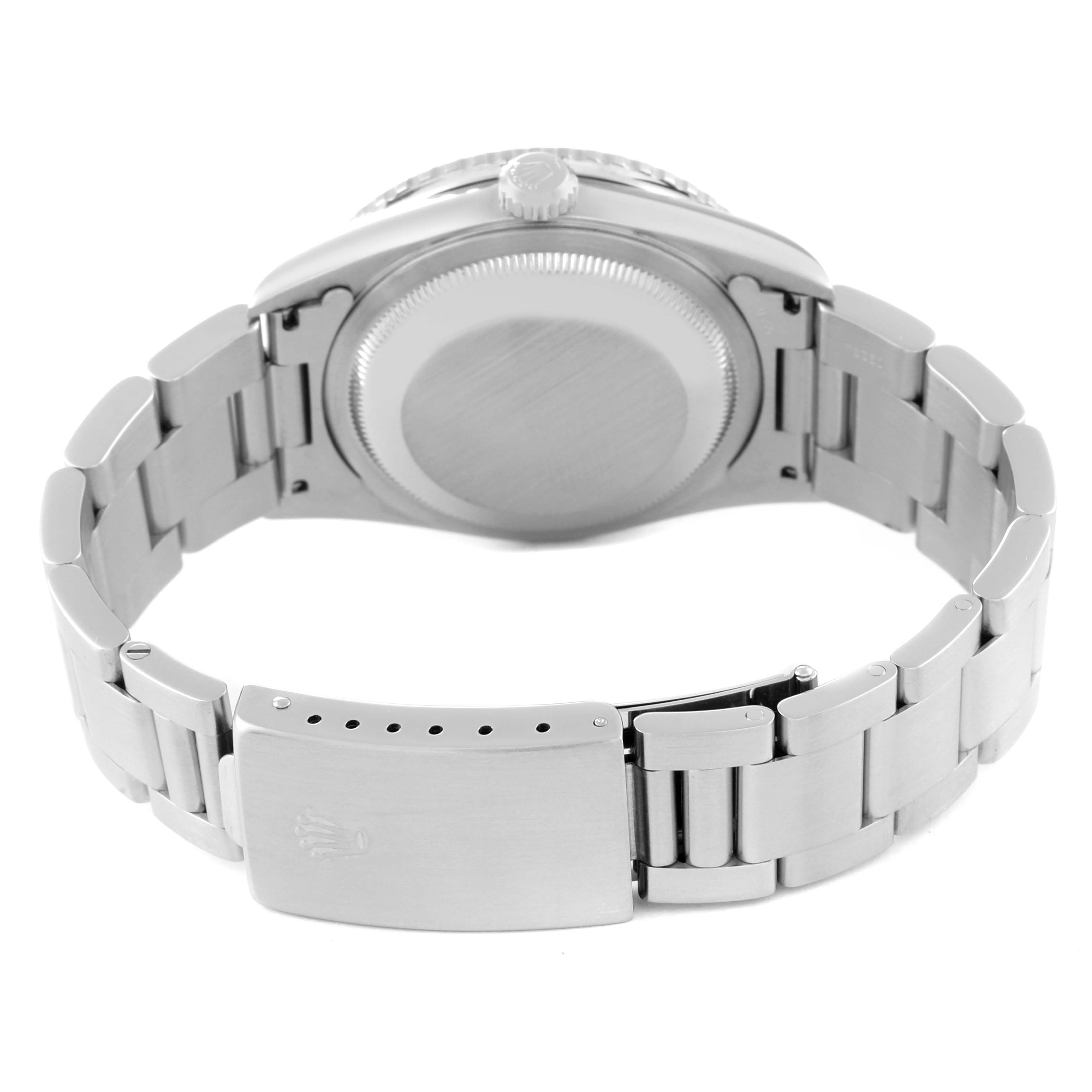 This image shows the back view of the Rolex Turn-o-Graph 16264 Men's Stainless Steel Black Dial 16264 Men's Stainless Steel Black Dial watch, highlighting its clasp, band, and watch case.