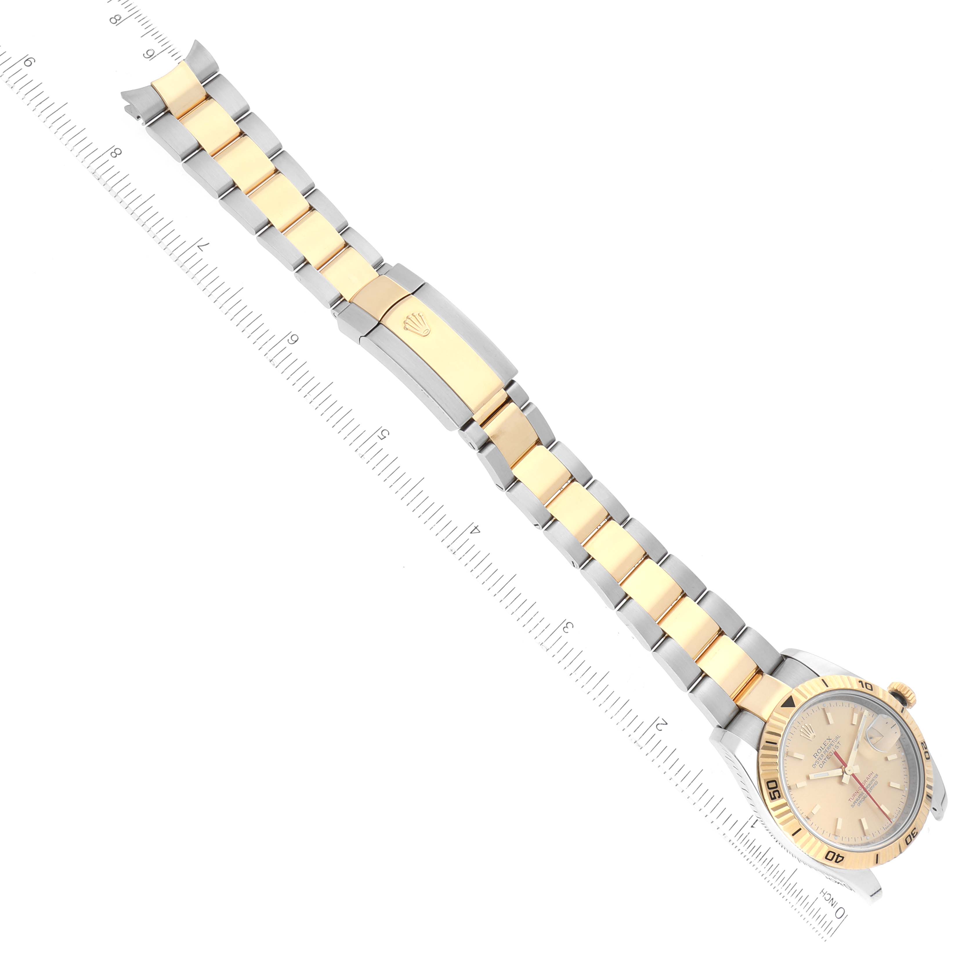 The image shows a Rolex Turn-o-Graph 116263 Men's Steel and Gold (two tone) Champagne Dial 116263 Men's Steel and Gold (two tone) Champagne Dial watch from a top-down angle, featuring the face, bezel, and band.