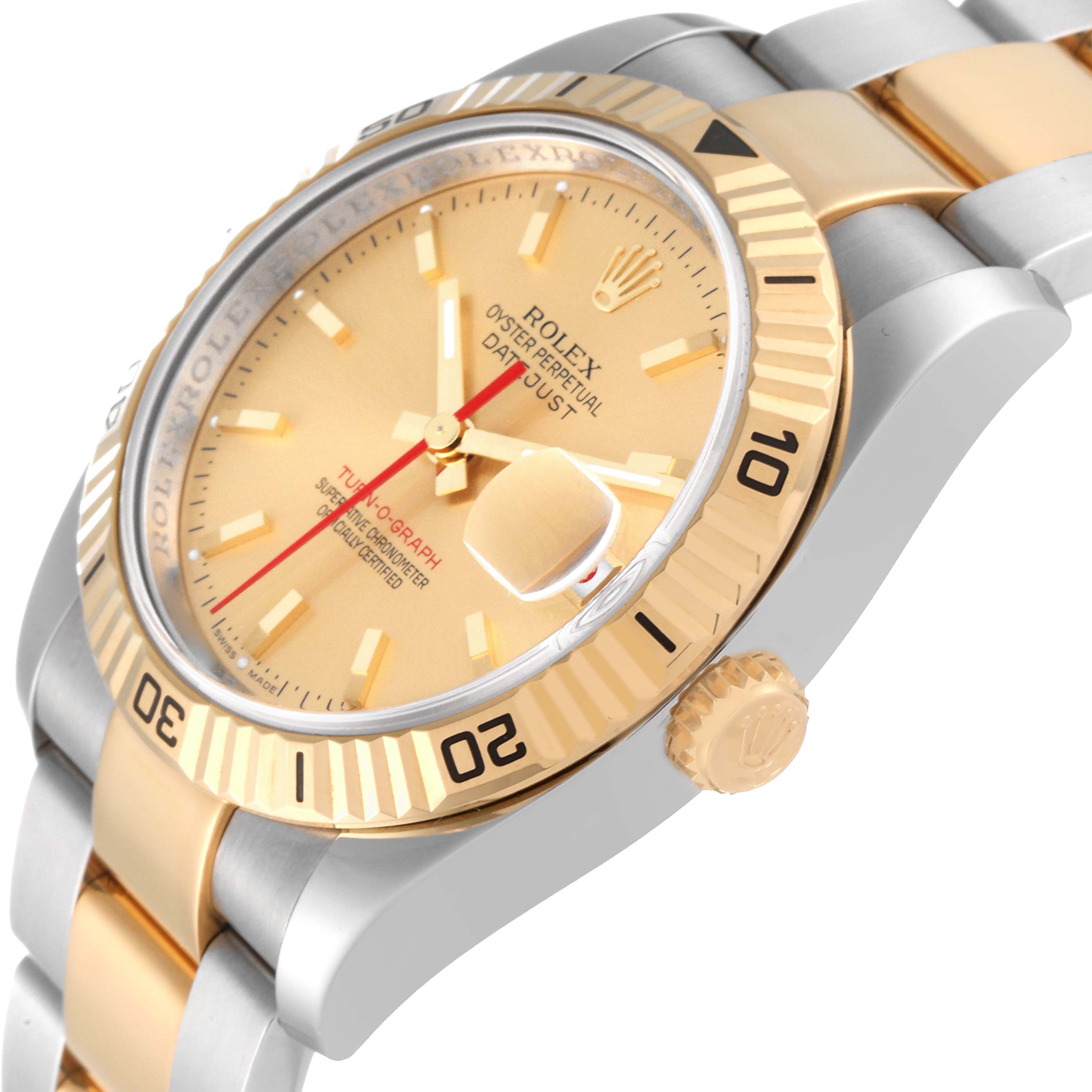 The image shows a close-up, angled view of the Rolex Turn-o-Graph 116263 Men's Steel and Gold (two tone) Champagne Dial 116263 Men's Steel and Gold (two tone) Champagne Dial watch, highlighting the bezel, crown, and part of the bracelet.