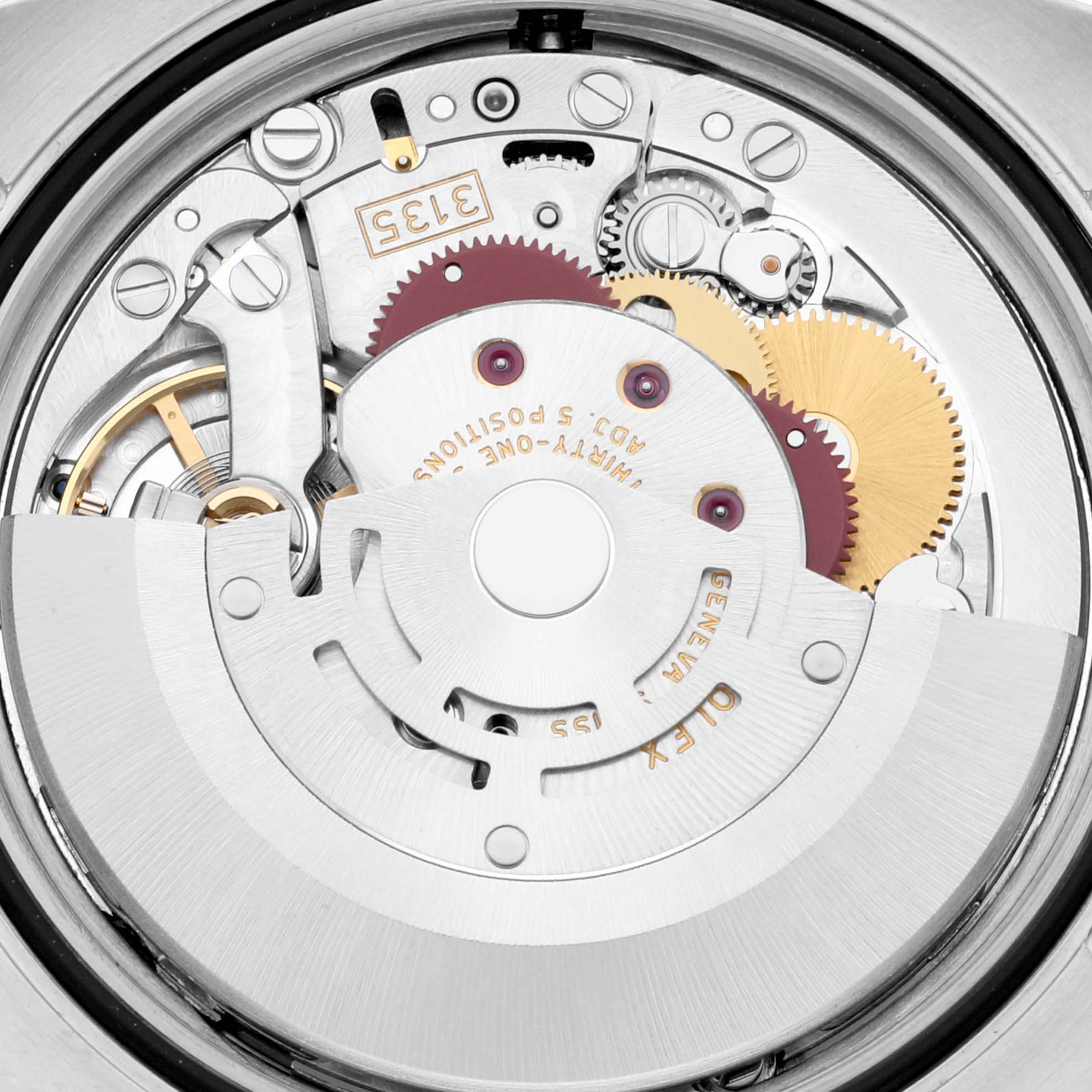 This is a close-up view of the movement mechanism inside a Rolex Turn-o-Graph 116263 Men's Steel and Gold (two tone) Champagne Dial 116263 Men's Steel and Gold (two tone) Champagne Dial watch.