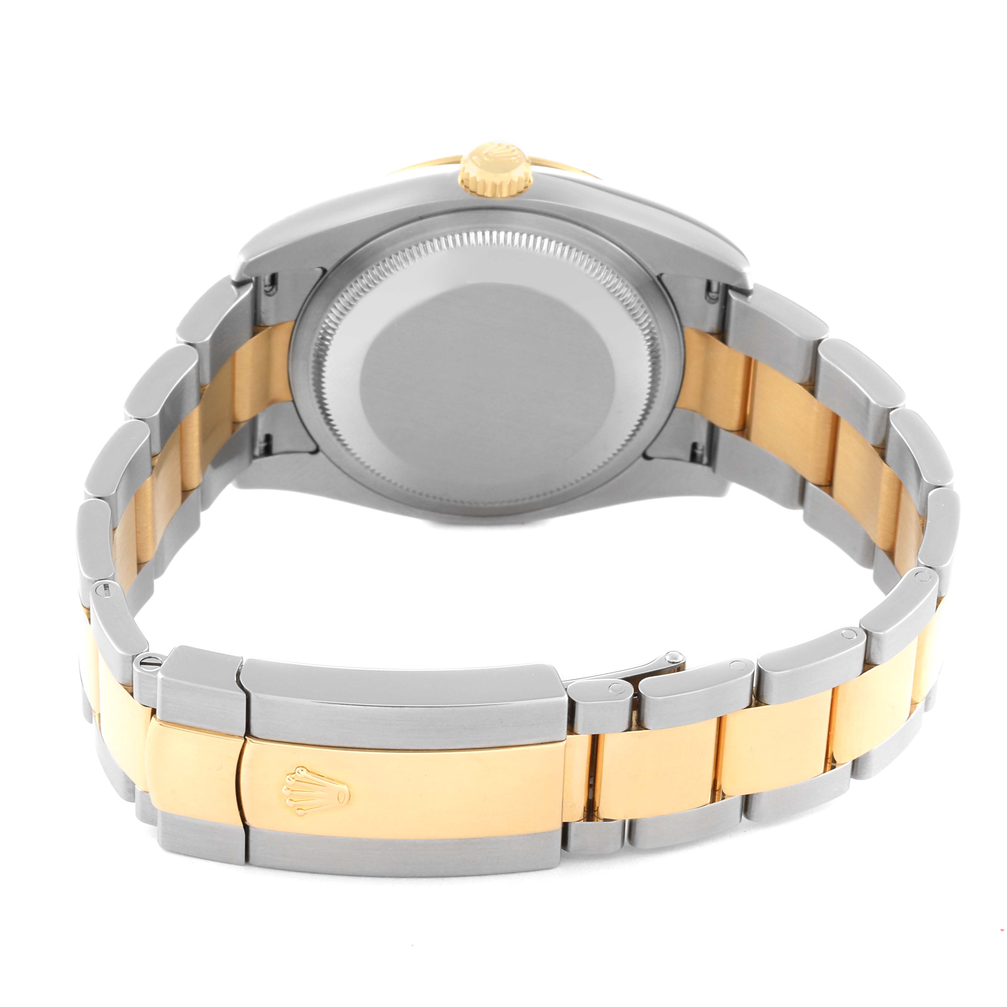 The image shows the back case, crown, and bracelet of a Rolex Turn-o-Graph 116263 Men's Steel and Gold (two tone) Champagne Dial 116263 Men's Steel and Gold (two tone) Champagne Dial watch.