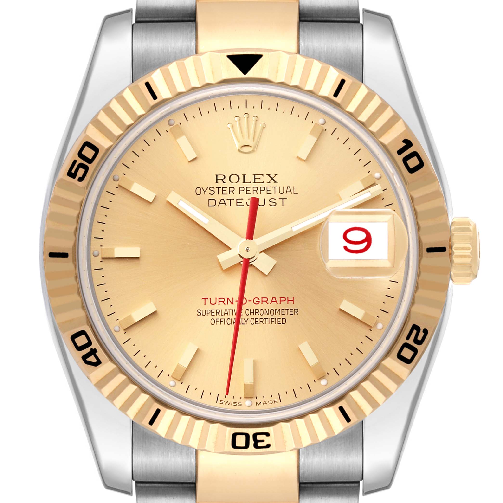 This image shows a front view of the Rolex Turn-o-Graph 116263 Men's Steel and Gold (two tone) Champagne Dial 116263 Men's Steel and Gold (two tone) Champagne Dial watch, highlighting the dial, bezel, and part of the bracelet.