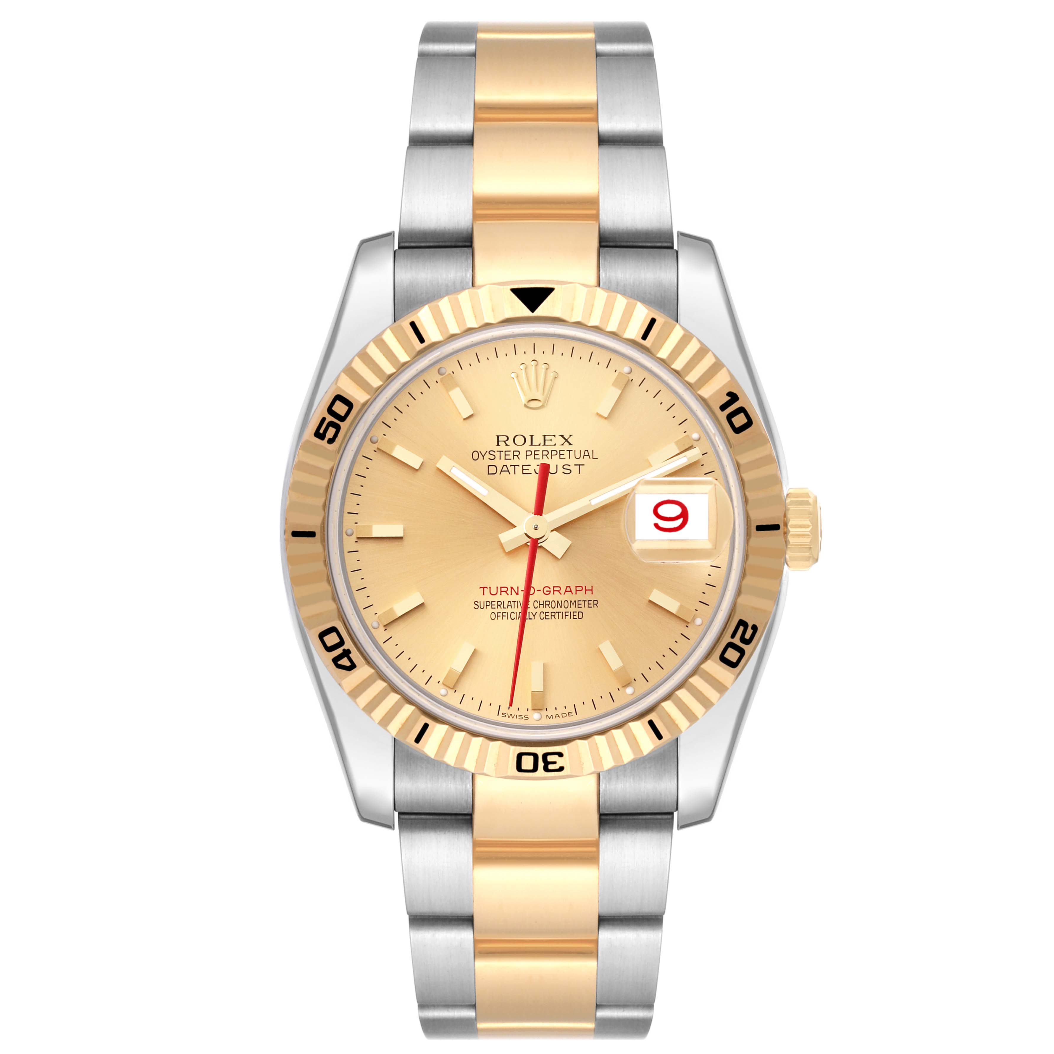 The image shows a Rolex Turn-o-Graph 116263 Men's Steel and Gold (two tone) Champagne Dial 116263 Men's Steel and Gold (two tone) Champagne Dial watch with a two-tone bracelet, gold bezel, and gold dial, viewed directly from the front.