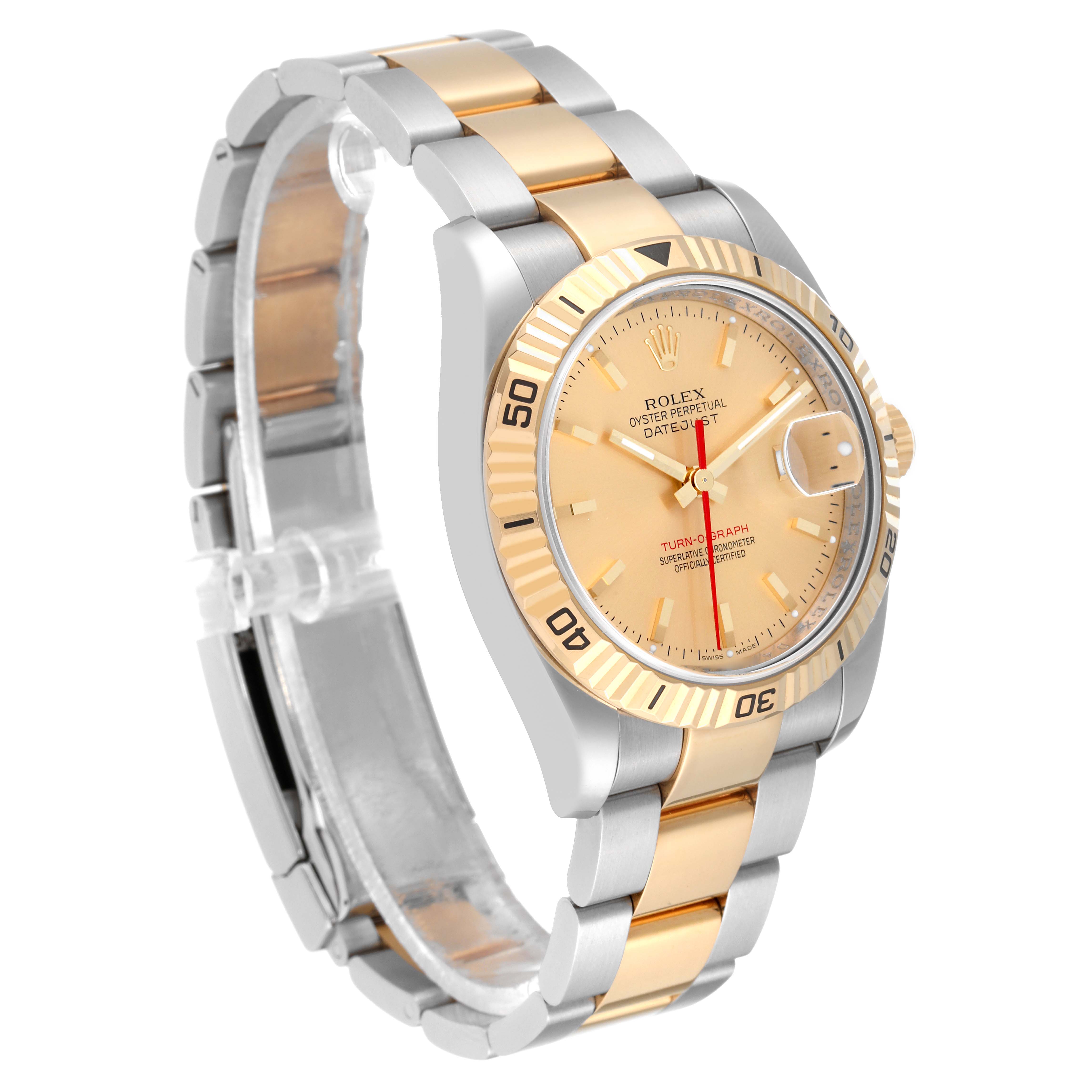 The image shows a Rolex Turn-o-Graph 116263 Men's Steel and Gold (two tone) Champagne Dial 116263 Men's Steel and Gold (two tone) Champagne Dial watch at a three-quarter angle, highlighting its dial, bezel, and two-tone bracelet.