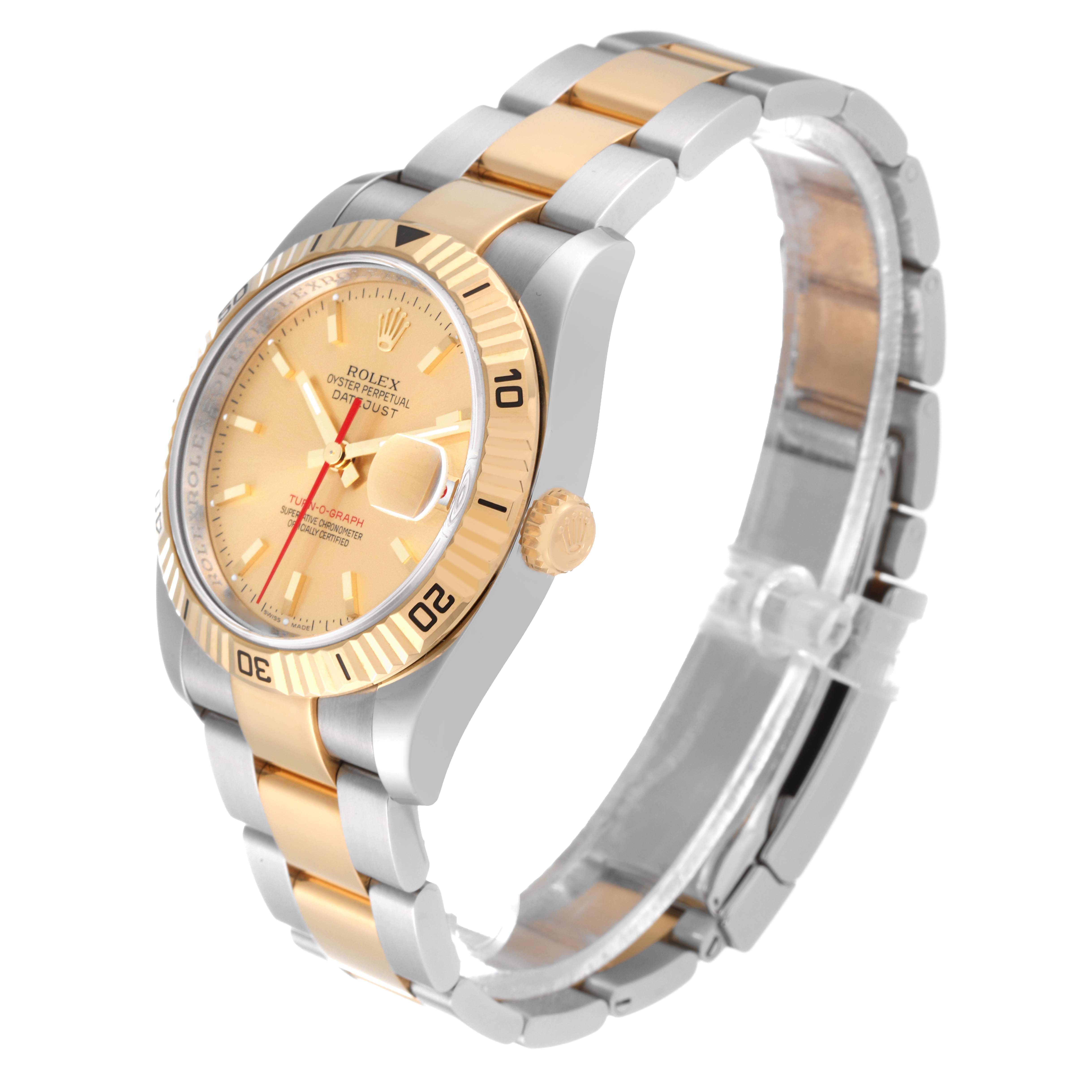This Rolex Turn-o-Graph 116263 Men's Steel and Gold (two tone) Champagne Dial 116263 Men's Steel and Gold (two tone) Champagne Dial watch is shown at an angled side view, displaying its bezel, face, crown, and two-tone bracelet.