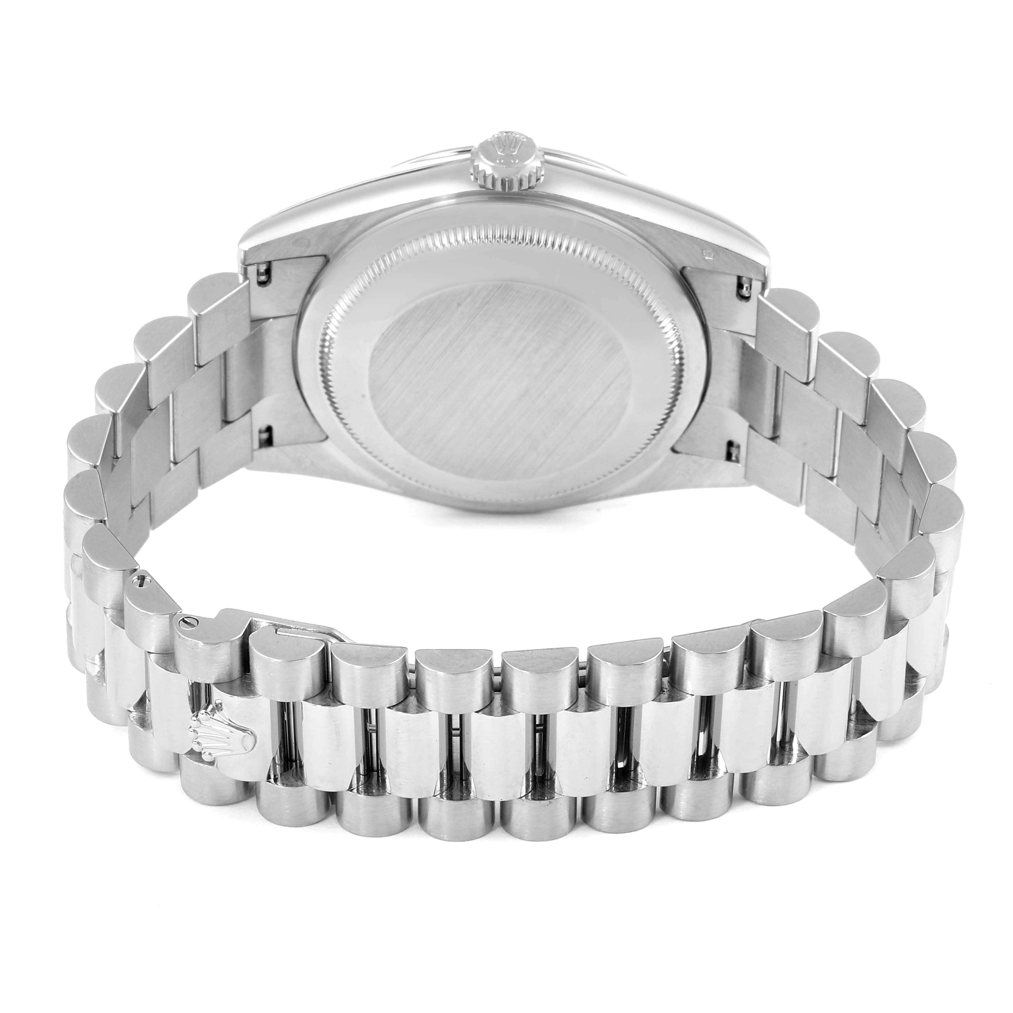 The image shows the back case and bracelet of the Rolex President 118239 Men
s White Gold Silver Dial 118239 Men
s White Gold Silver Dial model watch at a rear angle.