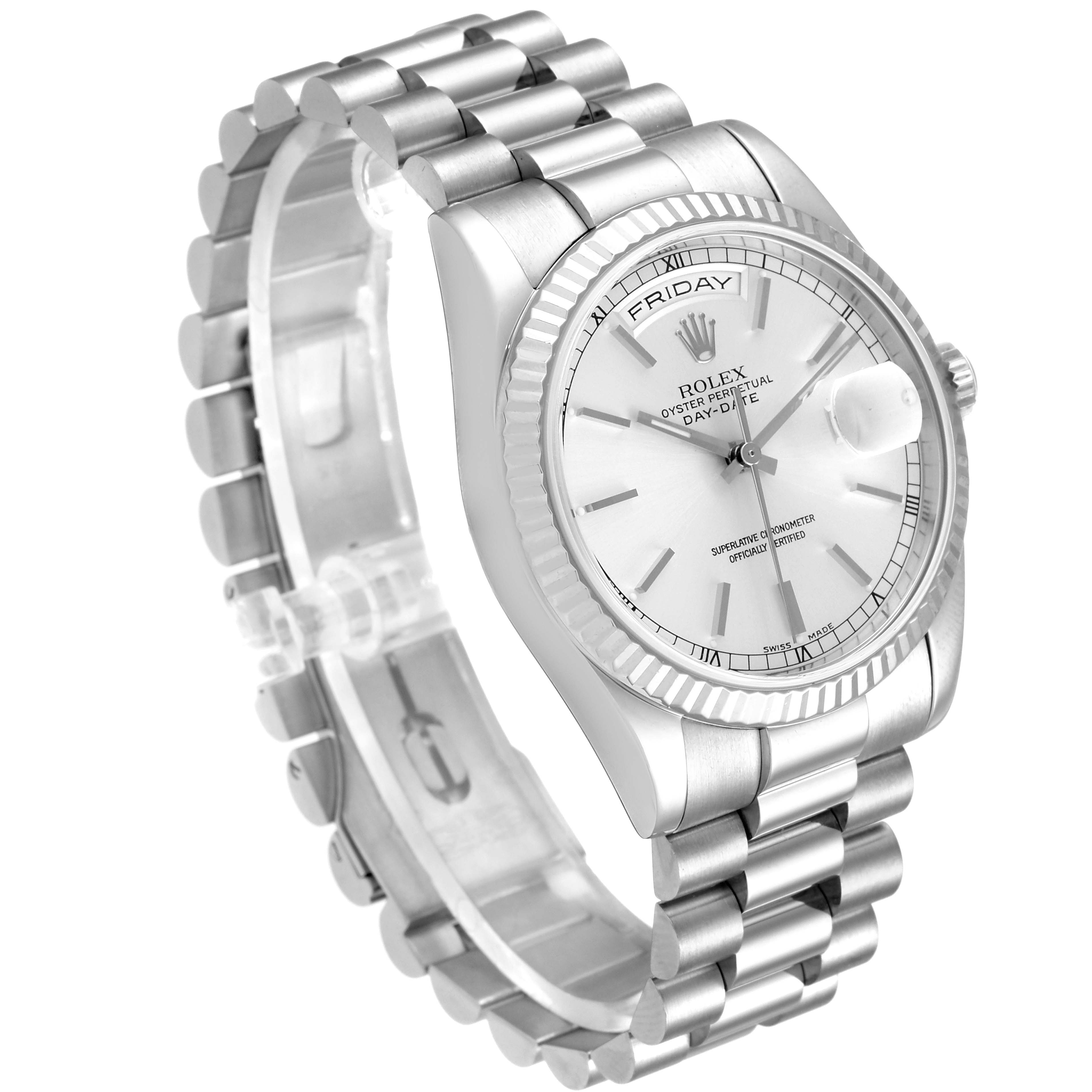 The Rolex President 118239 Men
s White Gold Silver Dial 118239 Men
s White Gold Silver Dial watch is shown at a three-quarter angle, displaying the watch face, bezel, and bracelet.