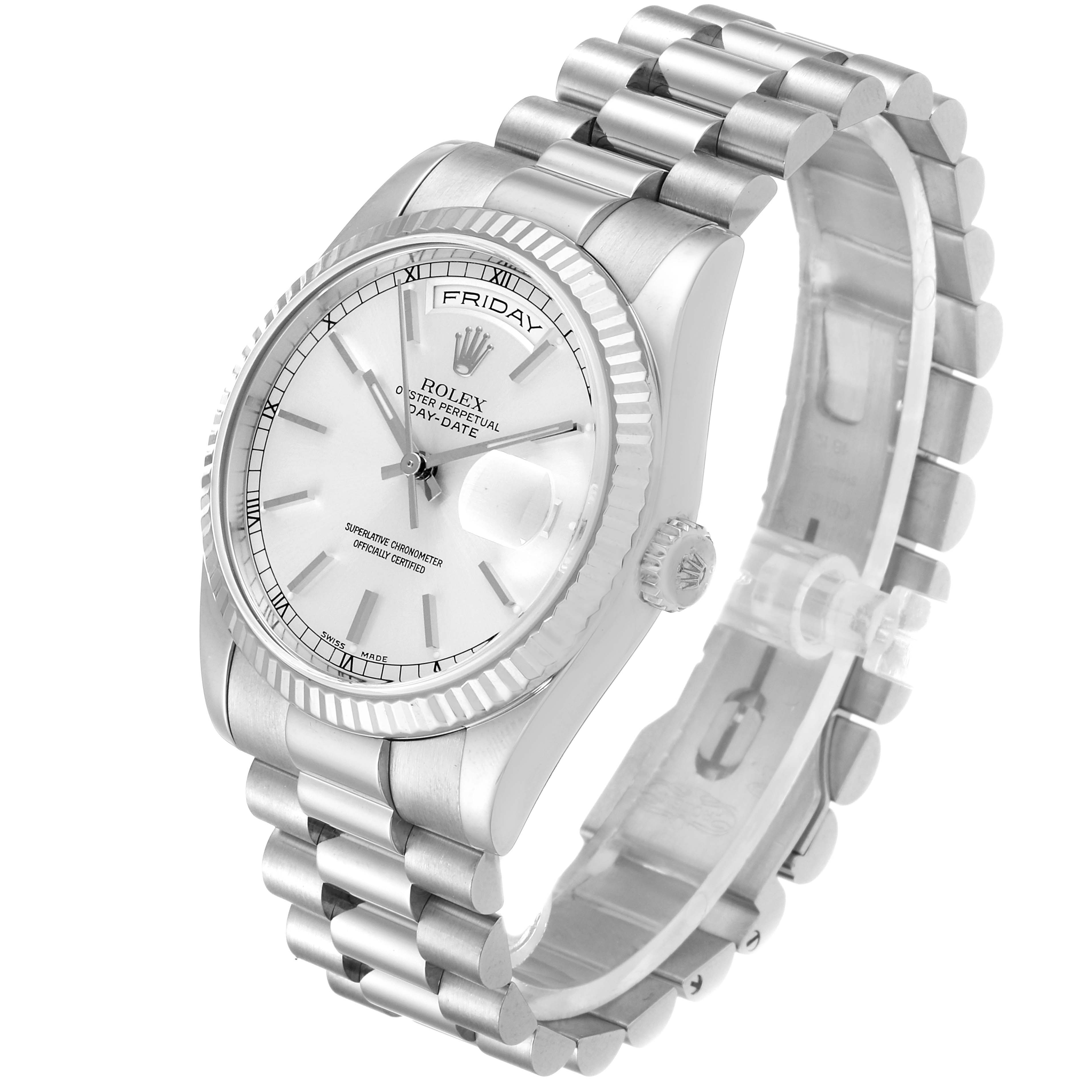The image shows a Rolex President 118239 Men
s White Gold Silver Dial 118239 Men
s White Gold Silver Dial model watch from an angled perspective, highlighting its band, face, and crown.