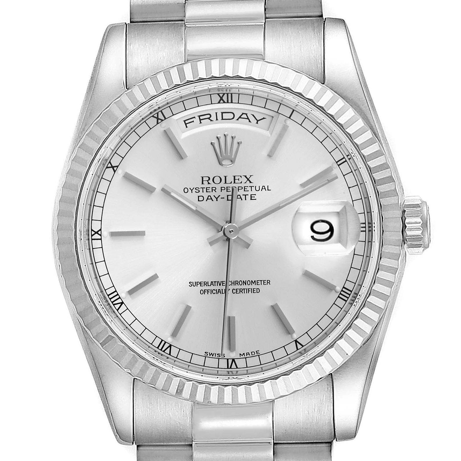 The image shows a full frontal view of the Rolex President 118239 Men
s White Gold Silver Dial 118239 Men
s White Gold Silver Dial model watch, displaying the dial, day and date windows, bezel, and bracelet.