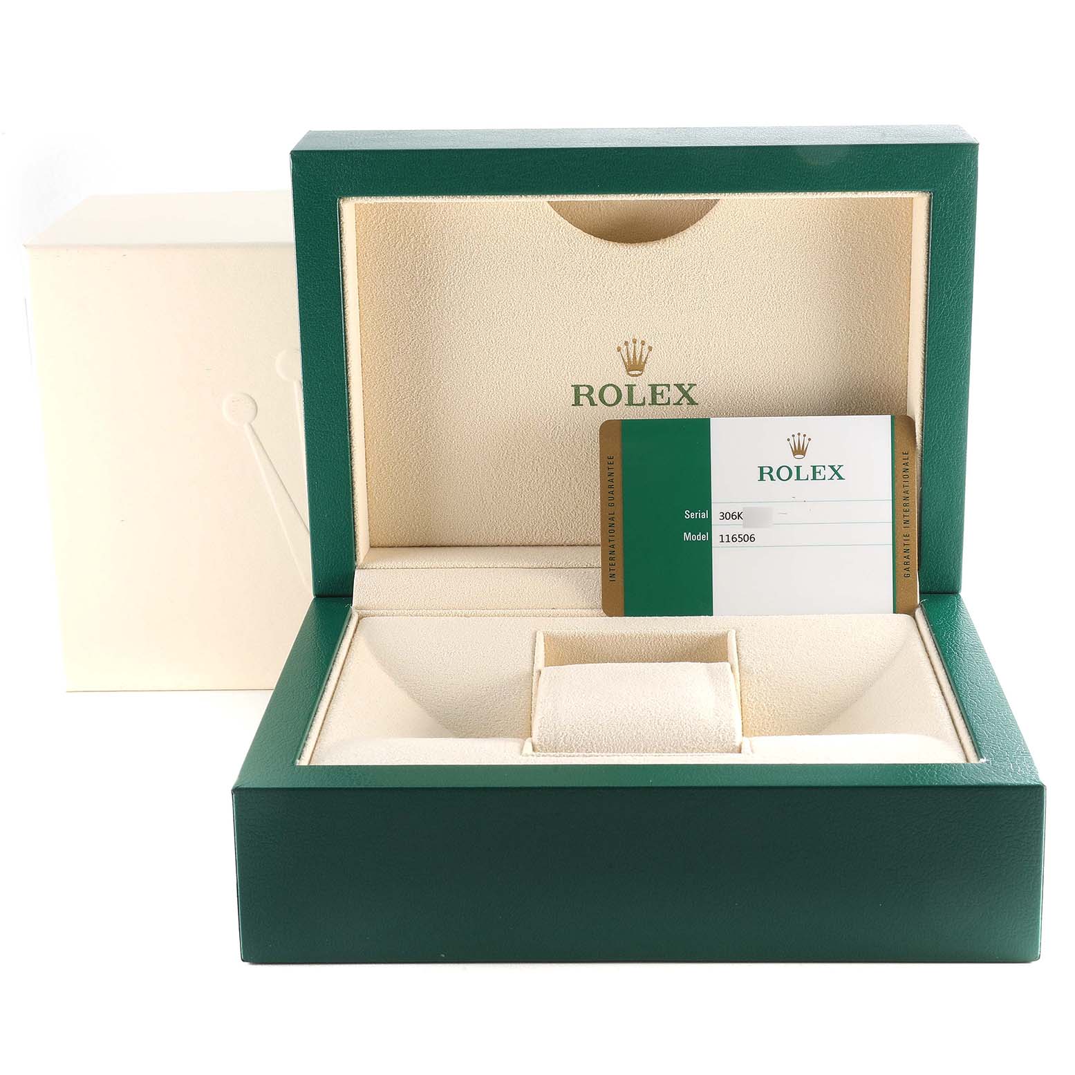 The image shows an opened green Rolex box with a certificate card, designed for the Daytona model.