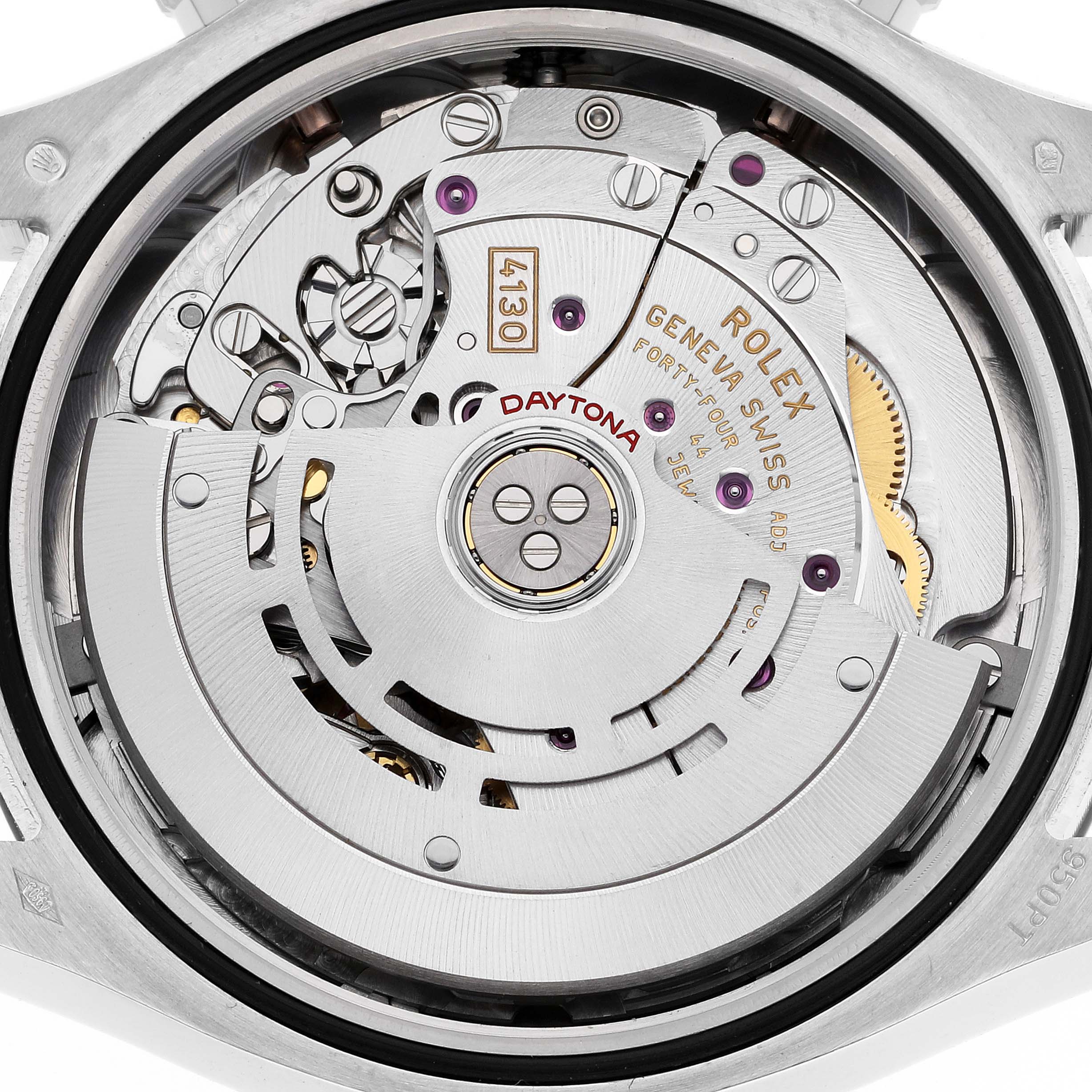 This image shows the intricate inner workings of the Rolex Daytona 116506 Men's Platinum Blue Dial 116506 Men's Platinum Blue Dial watch movement from the back casing angle.