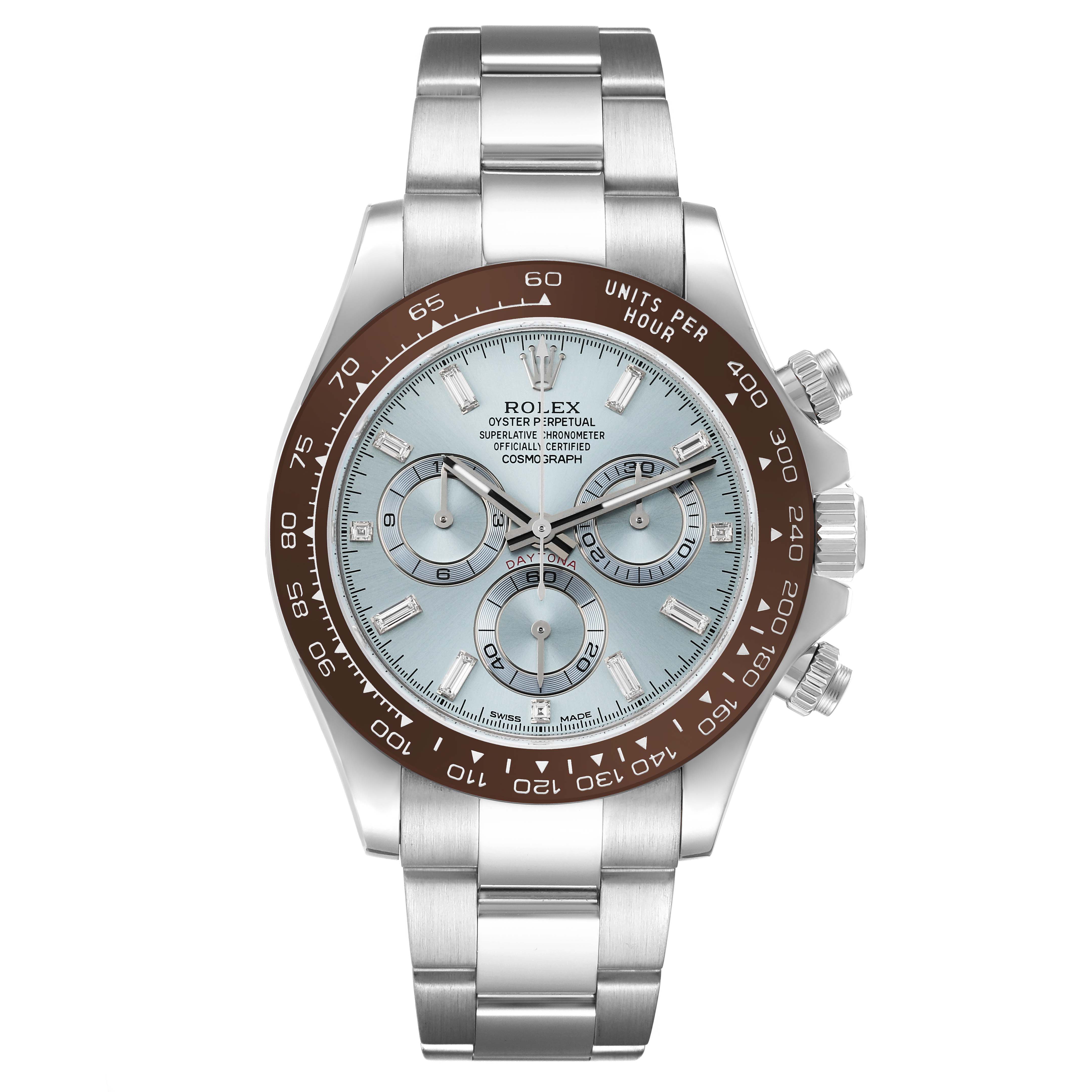 The Rolex Daytona 116506 Men's Platinum Blue Dial 116506 Men's Platinum Blue Dial watch is shown from a front view, featuring its dial, bezel, and bracelet.