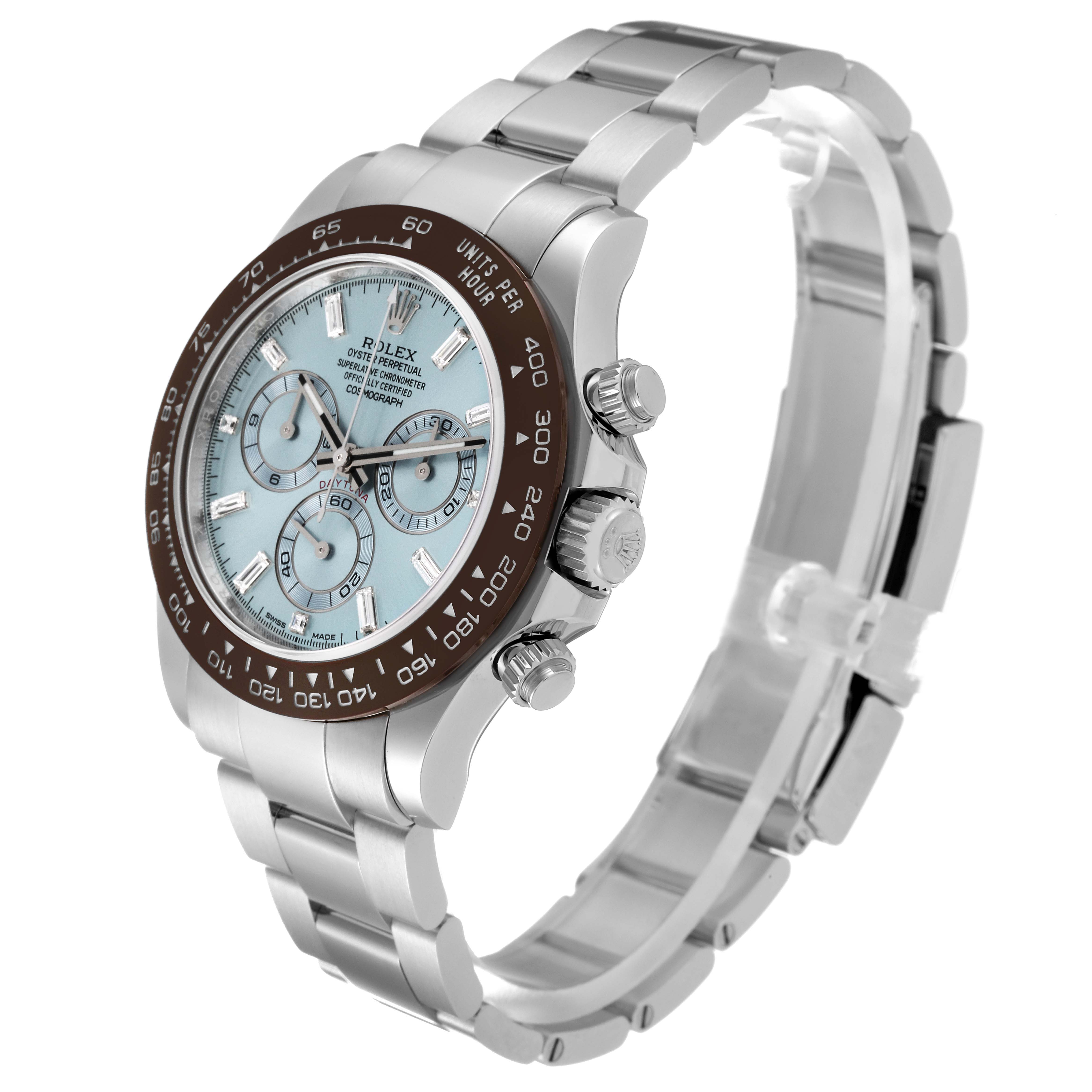 The image shows a side angle of a Rolex Daytona 116506 Men's Platinum Blue Dial 116506 Men's Platinum Blue Dial watch, highlighting its dial, bezel, and bracelet.