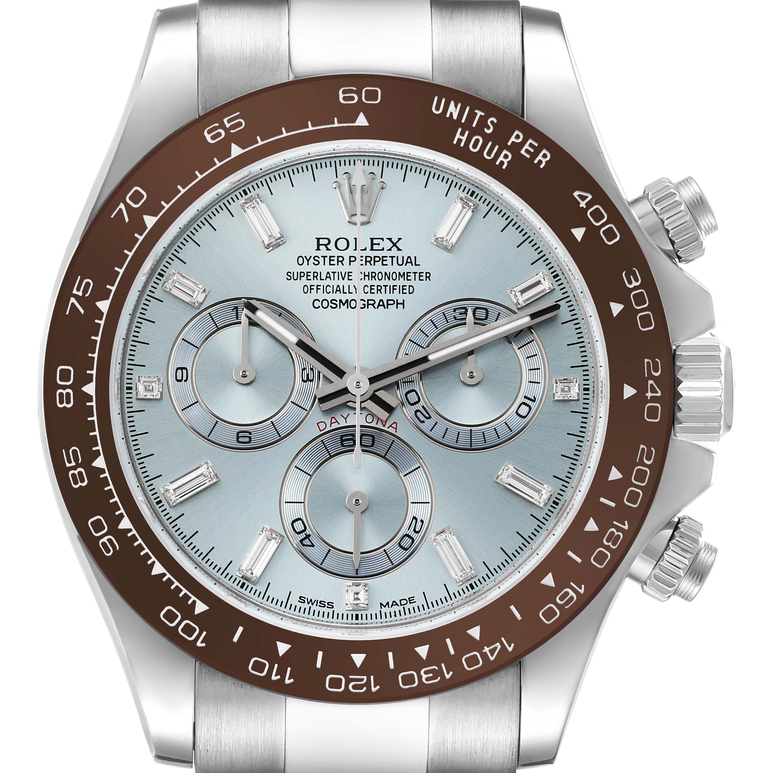 This image shows a front view of the Rolex Daytona 116506 Men's Platinum Blue Dial 116506 Men's Platinum Blue Dial watch, highlighting its brown bezel, blue dial, and chronograph features.