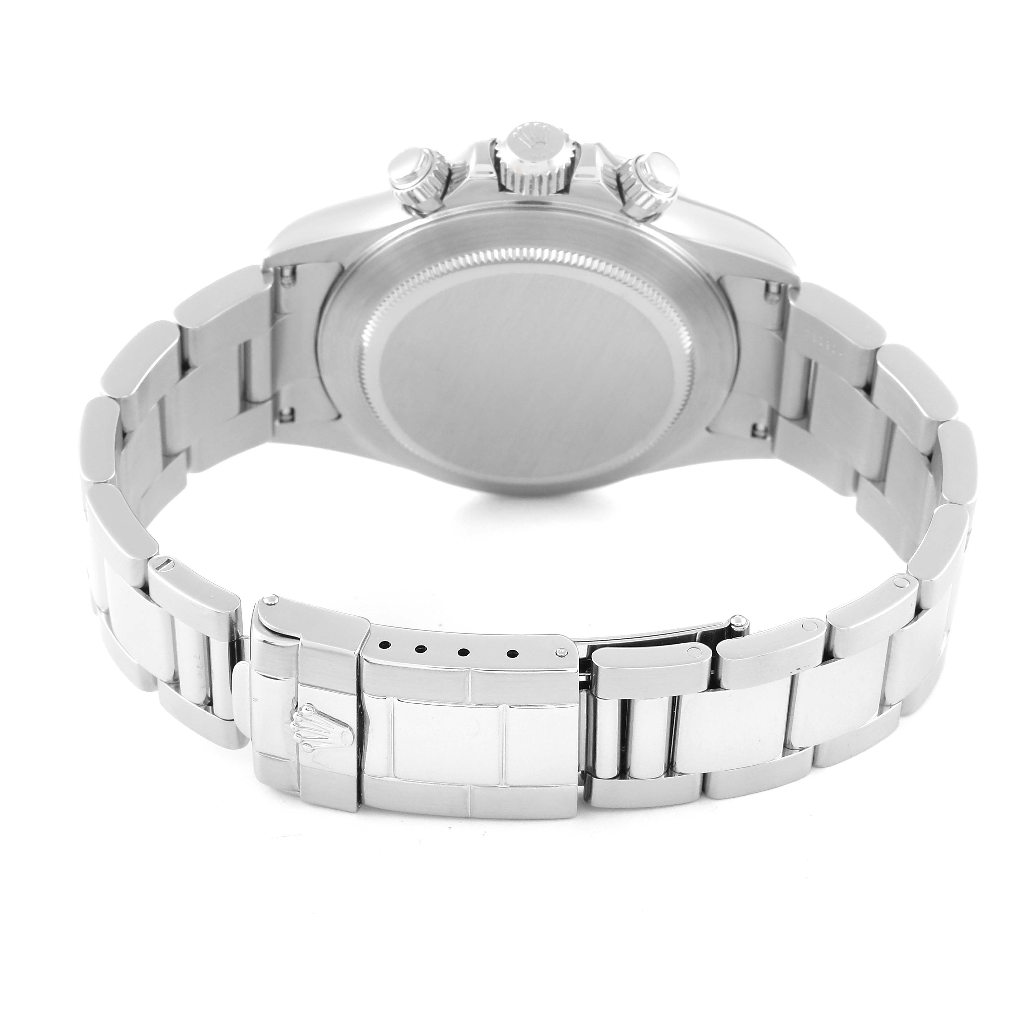 This image shows the back view of a Rolex Daytona 16520 Men's Stainless Steel White Dial 16520 Men's Stainless Steel White Dial watch, highlighting its case back and metal bracelet with a clasp.