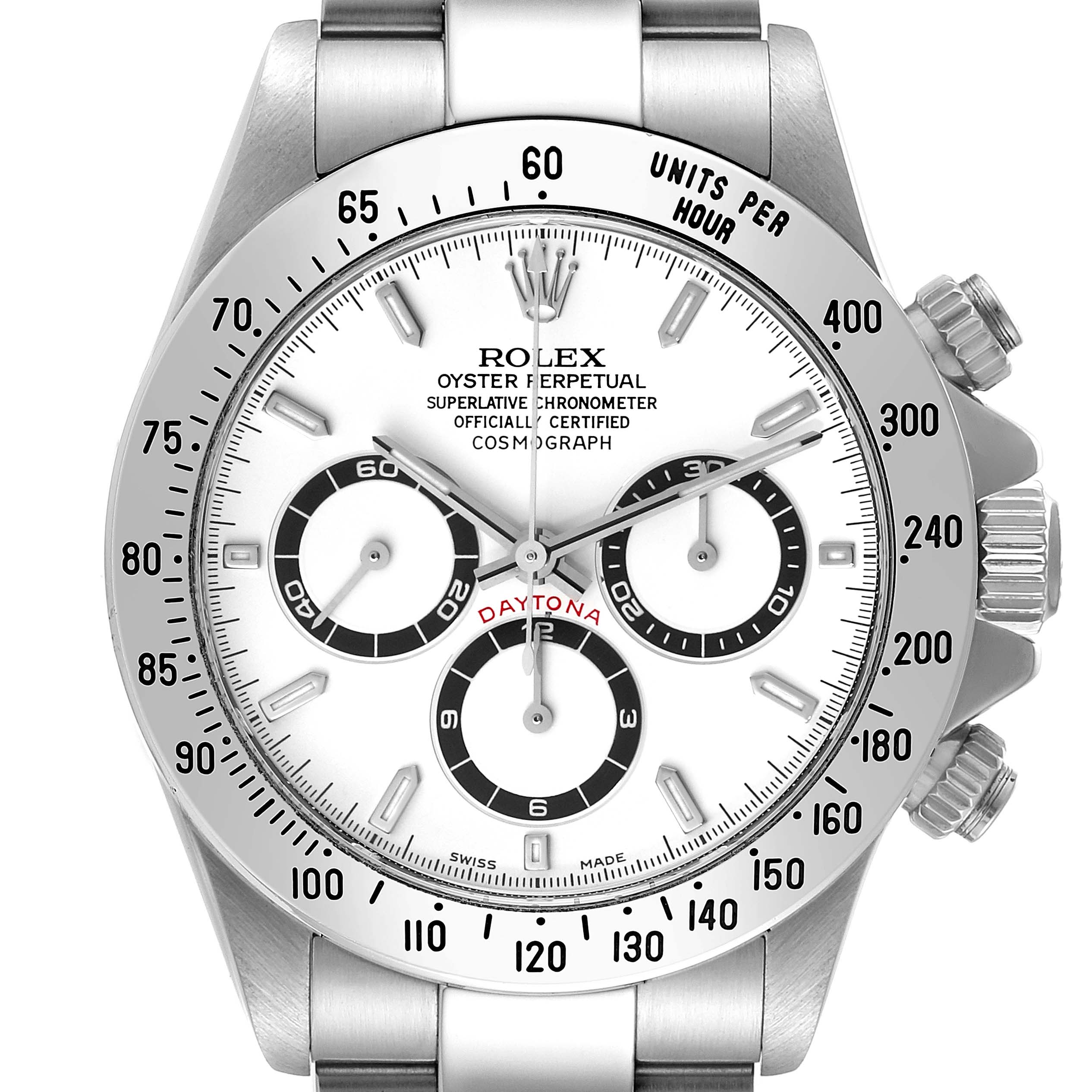 The image shows a frontal view of the Rolex Daytona 16520 Men's Stainless Steel White Dial 16520 Men's Stainless Steel White Dial watch, highlighting the dial, sub-dials, bezel, and crown.