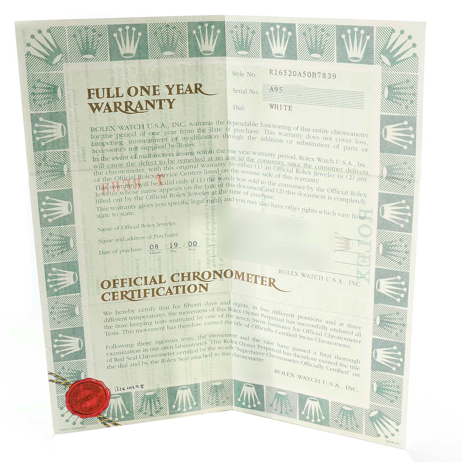 The image shows the official chronometer certification and warranty card for a Rolex Daytona 16520 Men's Stainless Steel White Dial 16520 Men's Stainless Steel White Dial watch.