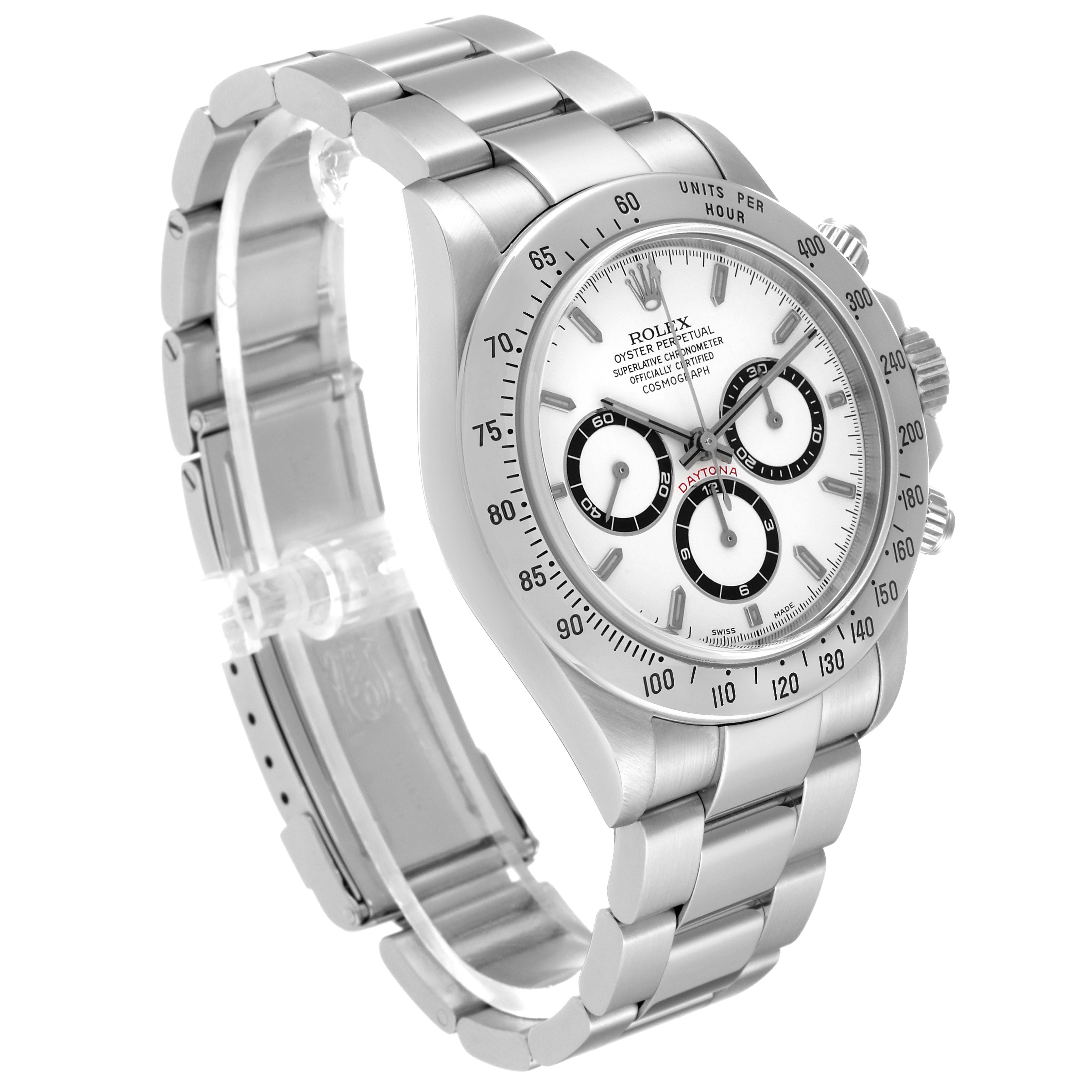 The Rolex Daytona 16520 Men's Stainless Steel White Dial 16520 Men's Stainless Steel White Dial watch is shown at a three-quarter angle, displaying its dial, bezel, crown, and bracelet.