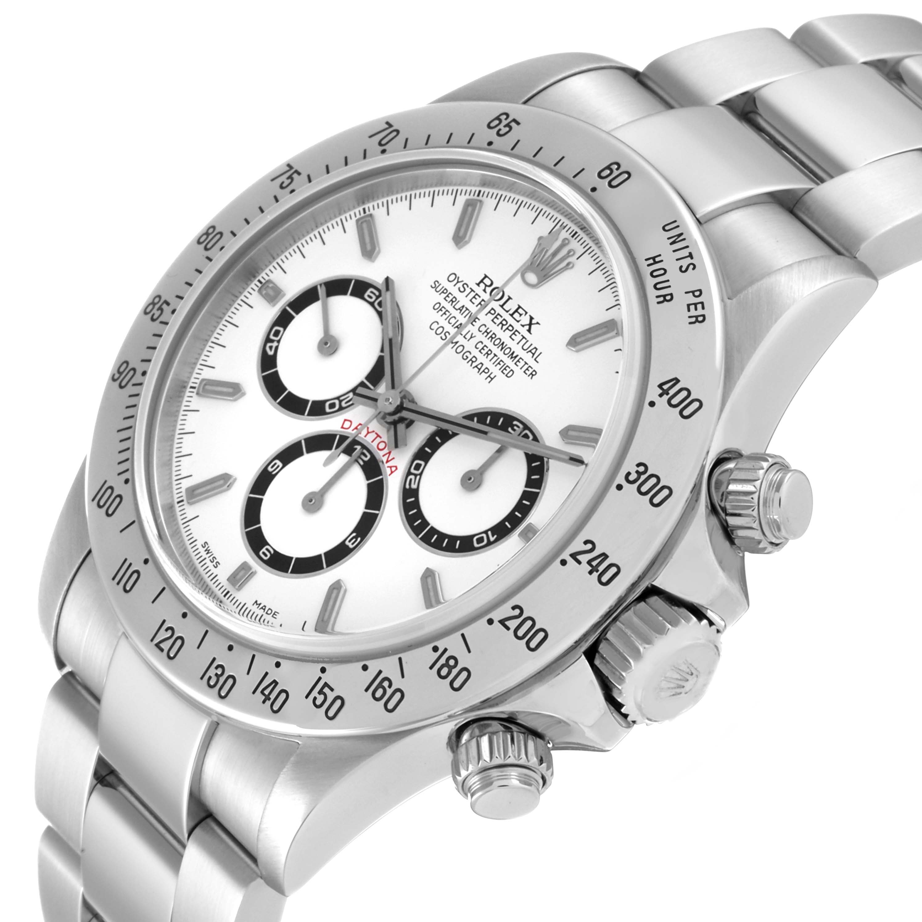 This image shows a close-up angle of the Rolex Daytona 16520 Men's Stainless Steel White Dial 16520 Men's Stainless Steel White Dial watch, highlighting its bezel, crown, and chronograph subdials.