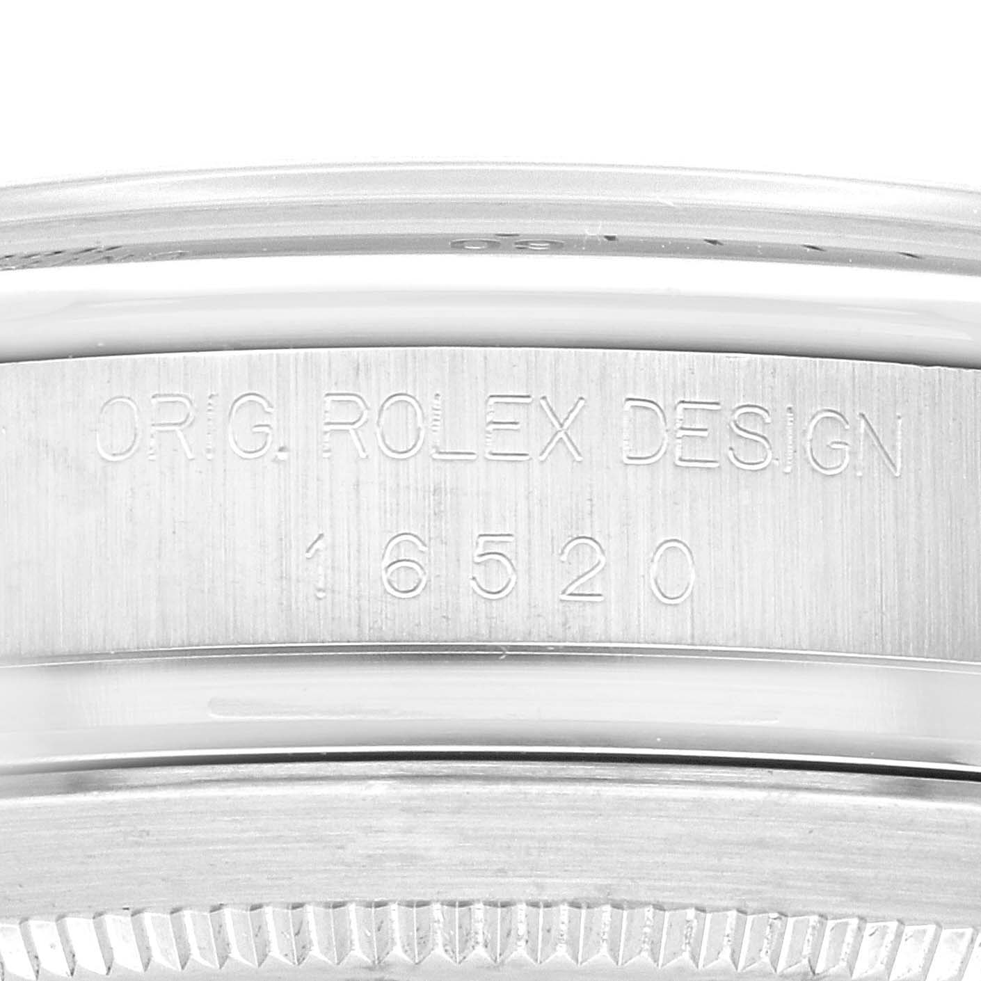 The image shows the side view of a Rolex Daytona 16520 Men's Stainless Steel White Dial 16520 Men's Stainless Steel White Dial watch, featuring the case with the engraved model number 16520 and "Orig. Rolex Design".