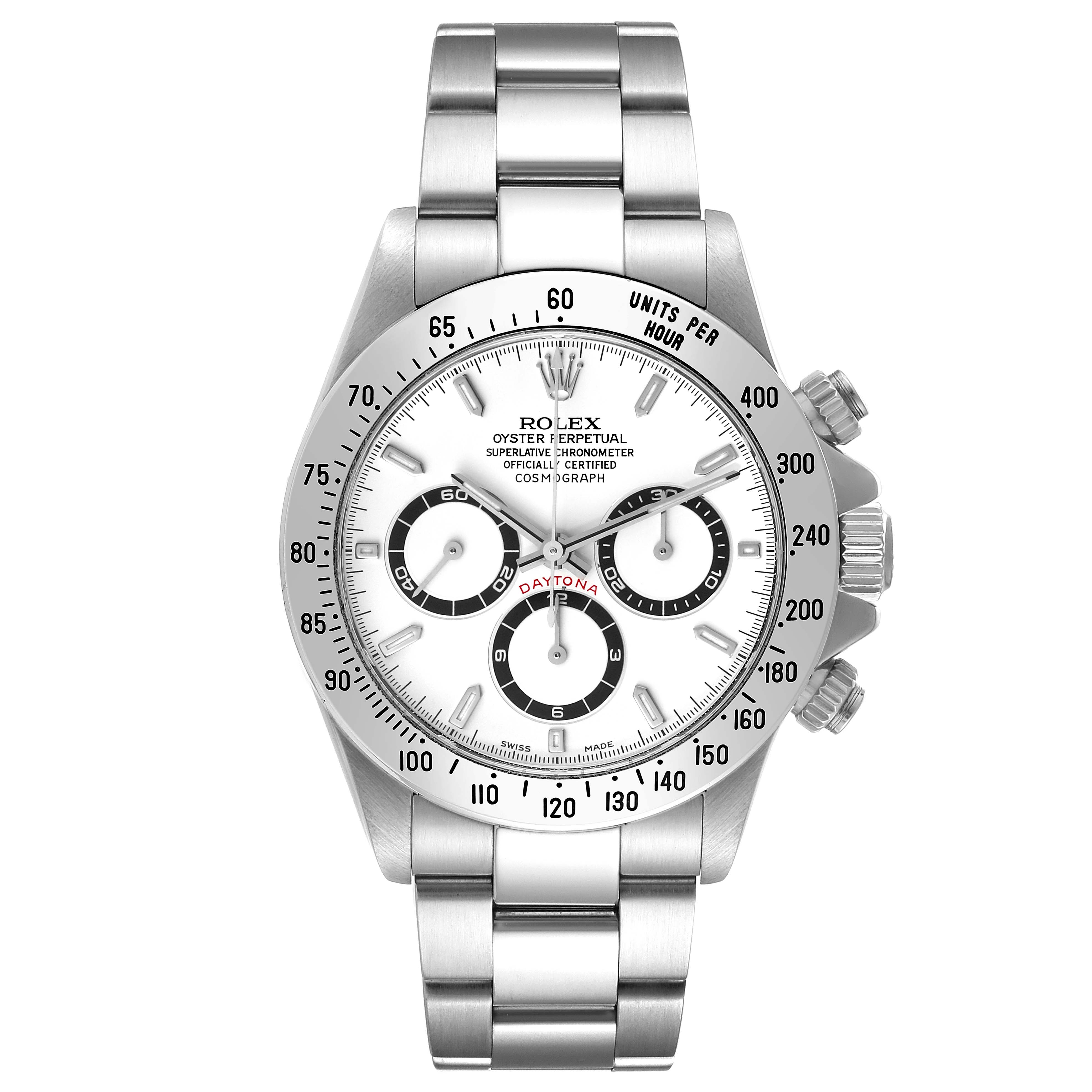 The image shows a front view of a Rolex Daytona 16520 Men's Stainless Steel White Dial 16520 Men's Stainless Steel White Dial watch, displaying its face, bezel, crown, and bracelet.