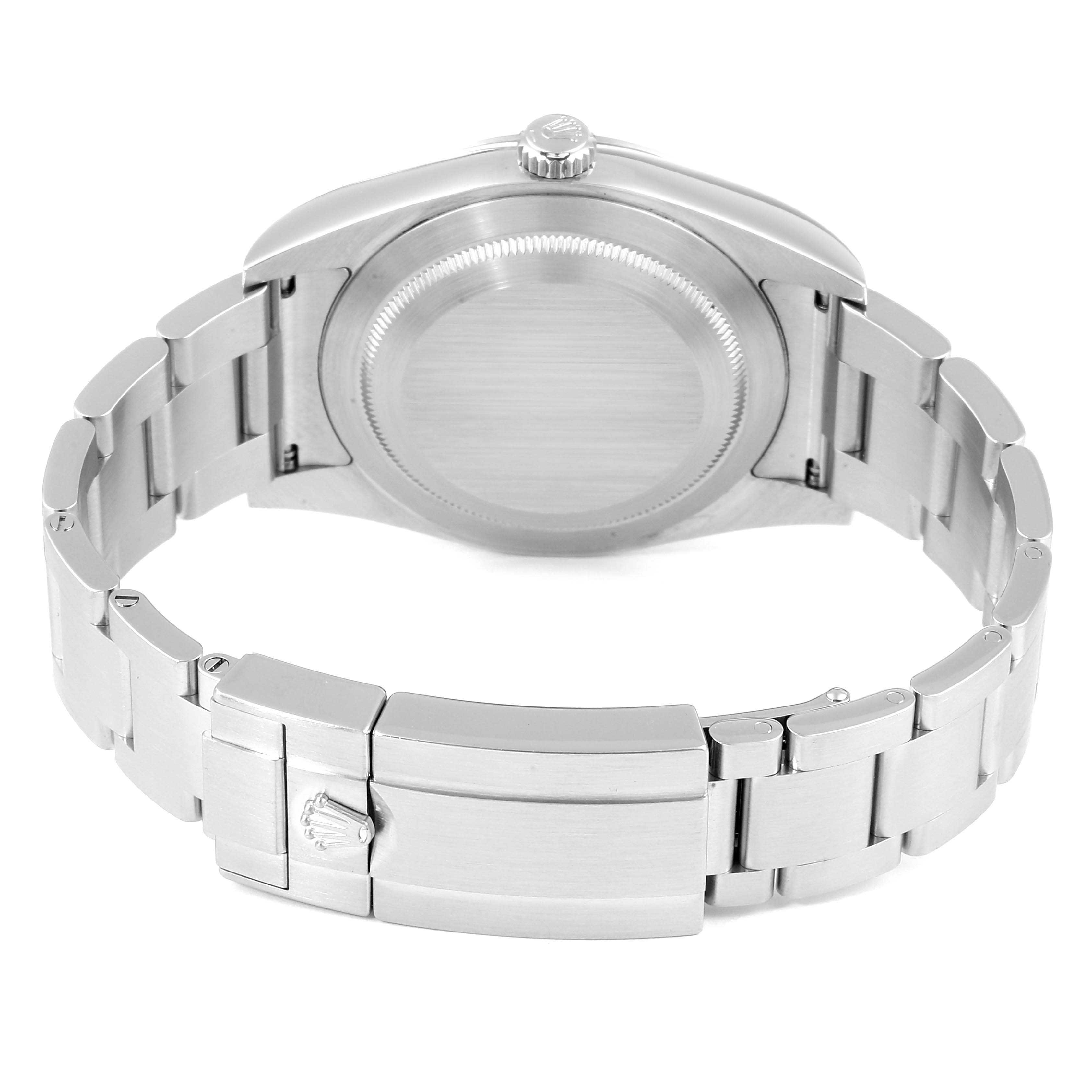 This image shows the back case and bracelet of a Rolex Explorer 214270 Men
s Stainless Steel Black Dial 214270 Men
s Stainless Steel Black Dial watch from a rear angle.