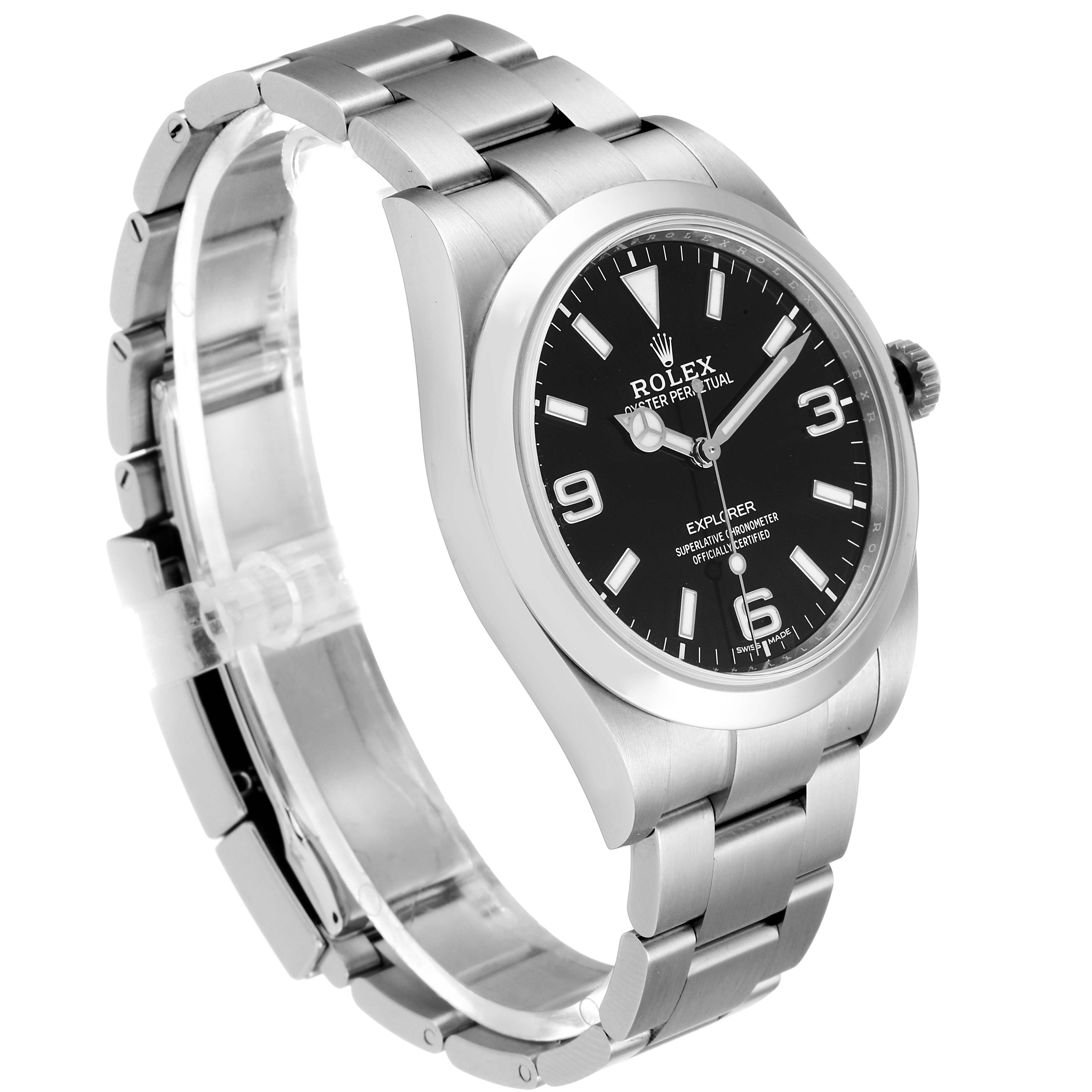 The image shows a side angle of a Rolex Explorer 214270 Men
s Stainless Steel Black Dial 214270 Men
s Stainless Steel Black Dial watch, highlighting its stainless steel band and black dial.