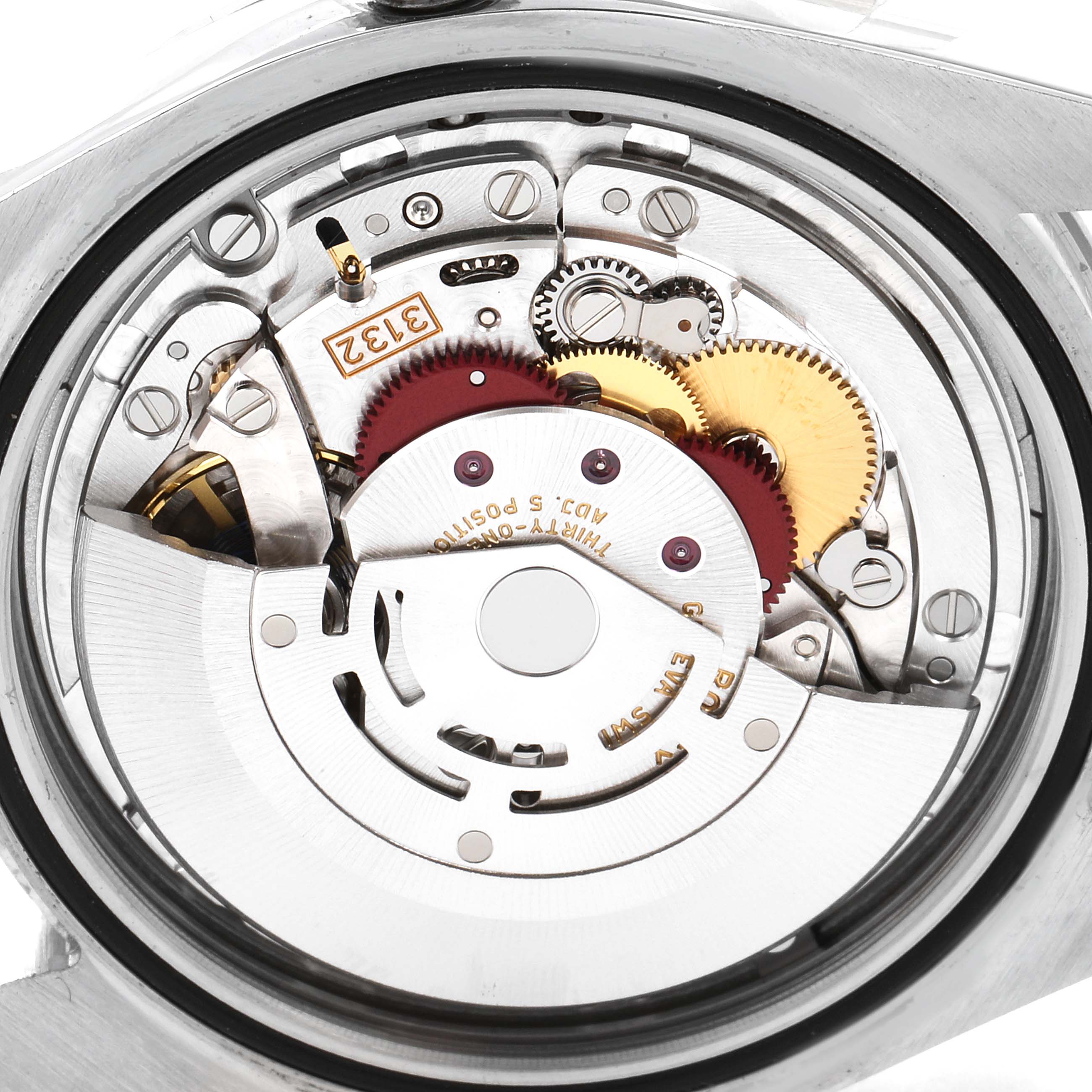 The image shows the internal mechanical movement of a Rolex Explorer 214270 Men
s Stainless Steel Black Dial 214270 Men
s Stainless Steel Black Dial watch, highlighting gears and components.