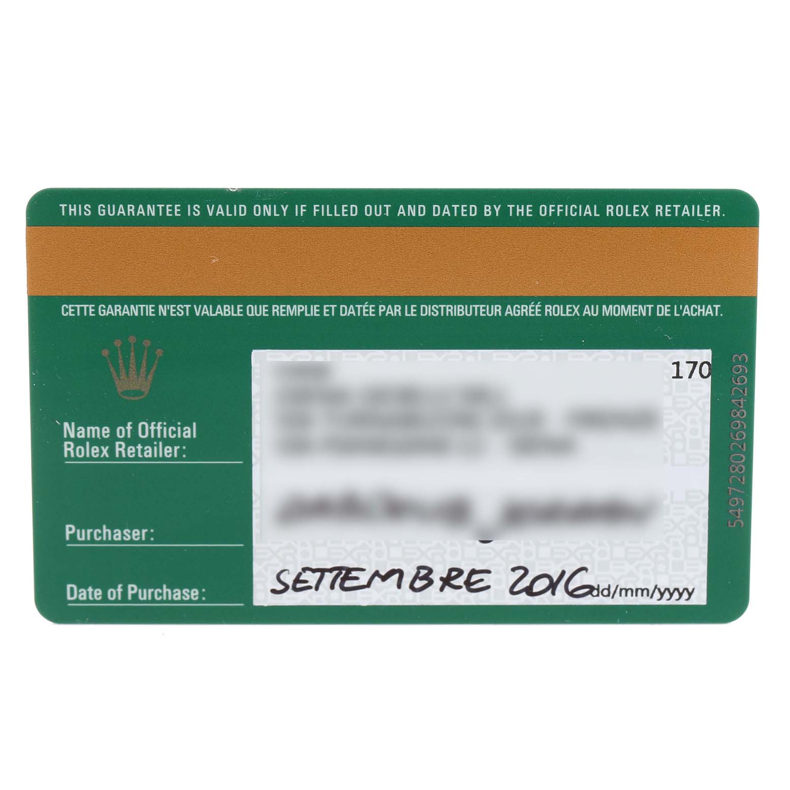 The image shows a guarantee card for a Rolex Explorer 214270 Men
s Stainless Steel Black Dial 214270 Men
s Stainless Steel Black Dial model, including the date of purchase and retailer information.