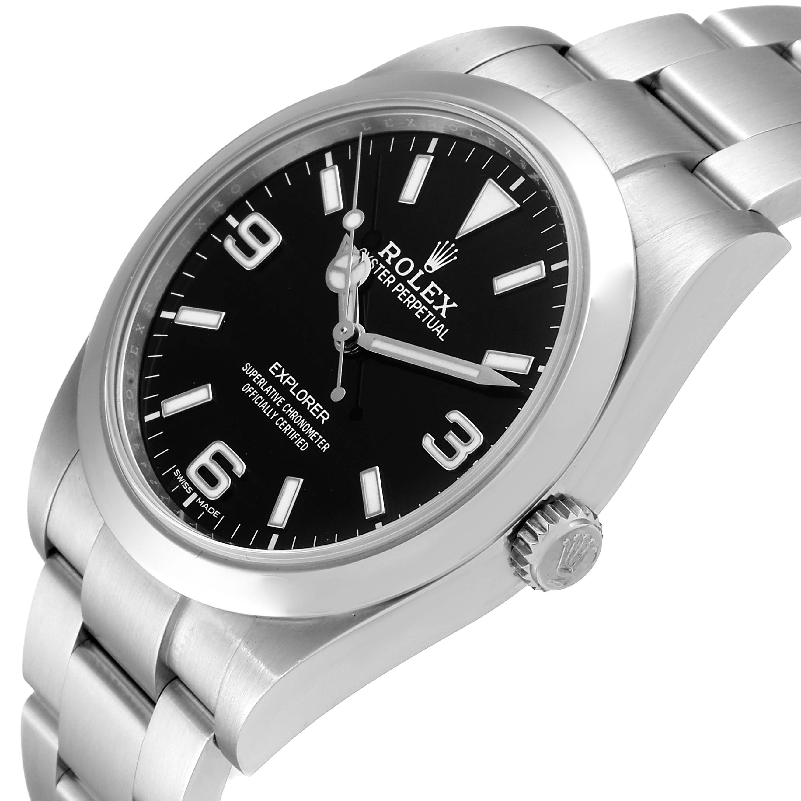 The image shows a close-up, angled view of a Rolex Explorer 214270 Men
s Stainless Steel Black Dial 214270 Men
s Stainless Steel Black Dial watch, highlighting the dial, bezel, crown, and part of the bracelet.