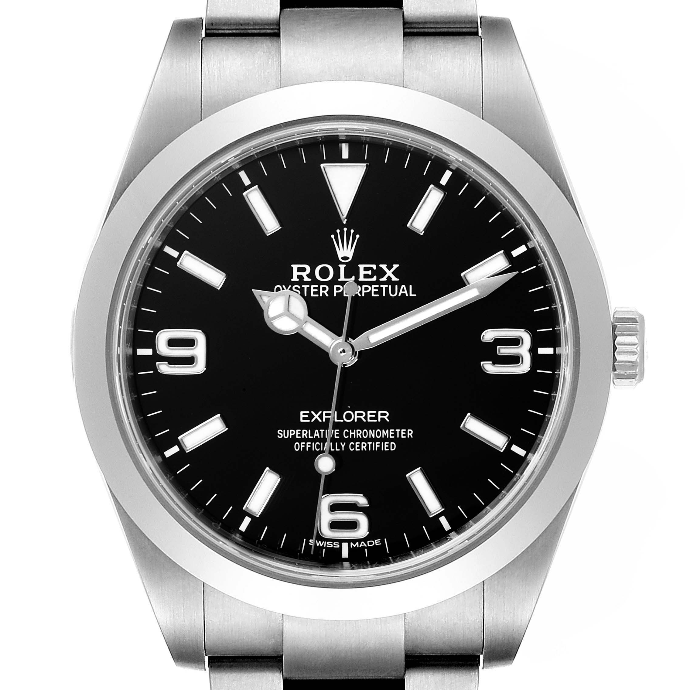 The image shows a front view of the Rolex Explorer 214270 Men
s Stainless Steel Black Dial 214270 Men
s Stainless Steel Black Dial watch, displaying its dial, hands, markers, and part of the metal bracelet.